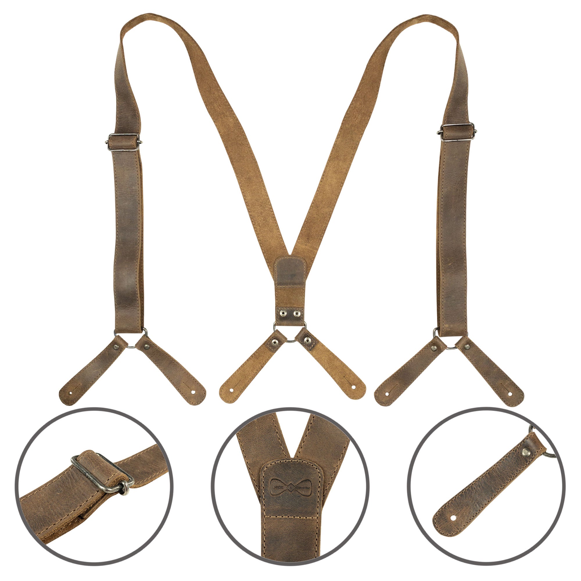 Rustic Button End Suspenders by Hide & Groom, highlighting the craftsmanship with adjustable features. Ideal for groomsmen, best men, and bachelors seeking a stylish touch for weddings and dinner parties. Made from full grain leather through artisan small batch production in La Antigua Guatemala & Oaxaca Mexico.