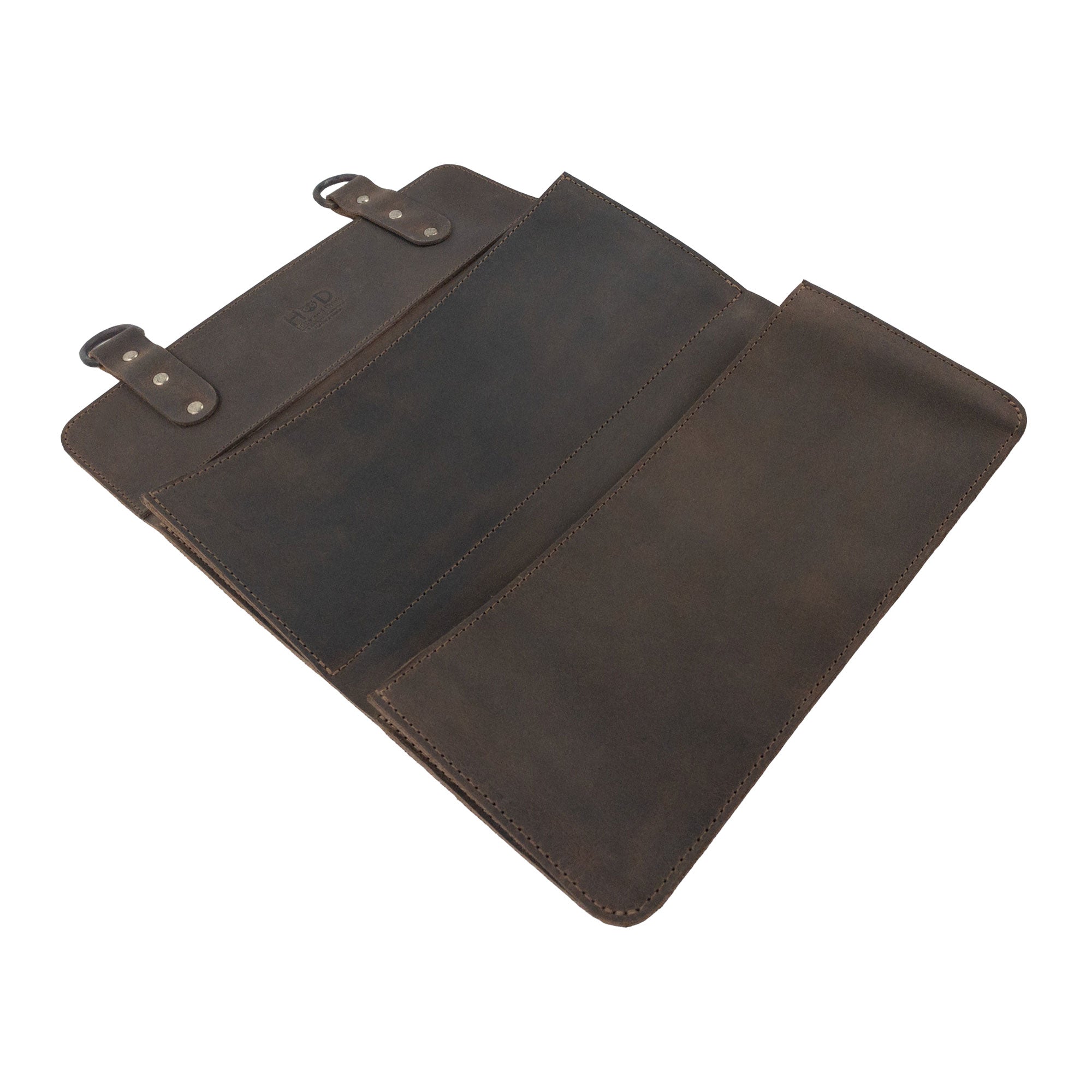 Hide & Drink Double Document Holder for Hanging showcasing an opened view, displaying its spacious compartments. This piece is perfect for wall mount file storage, featuring premium full grain leather, artisan craftsmanship, small batch production, hand cut, hand sewn, and fire branded for quality, all handmade in La Antigua Guatemala & Oaxaca Mexico.