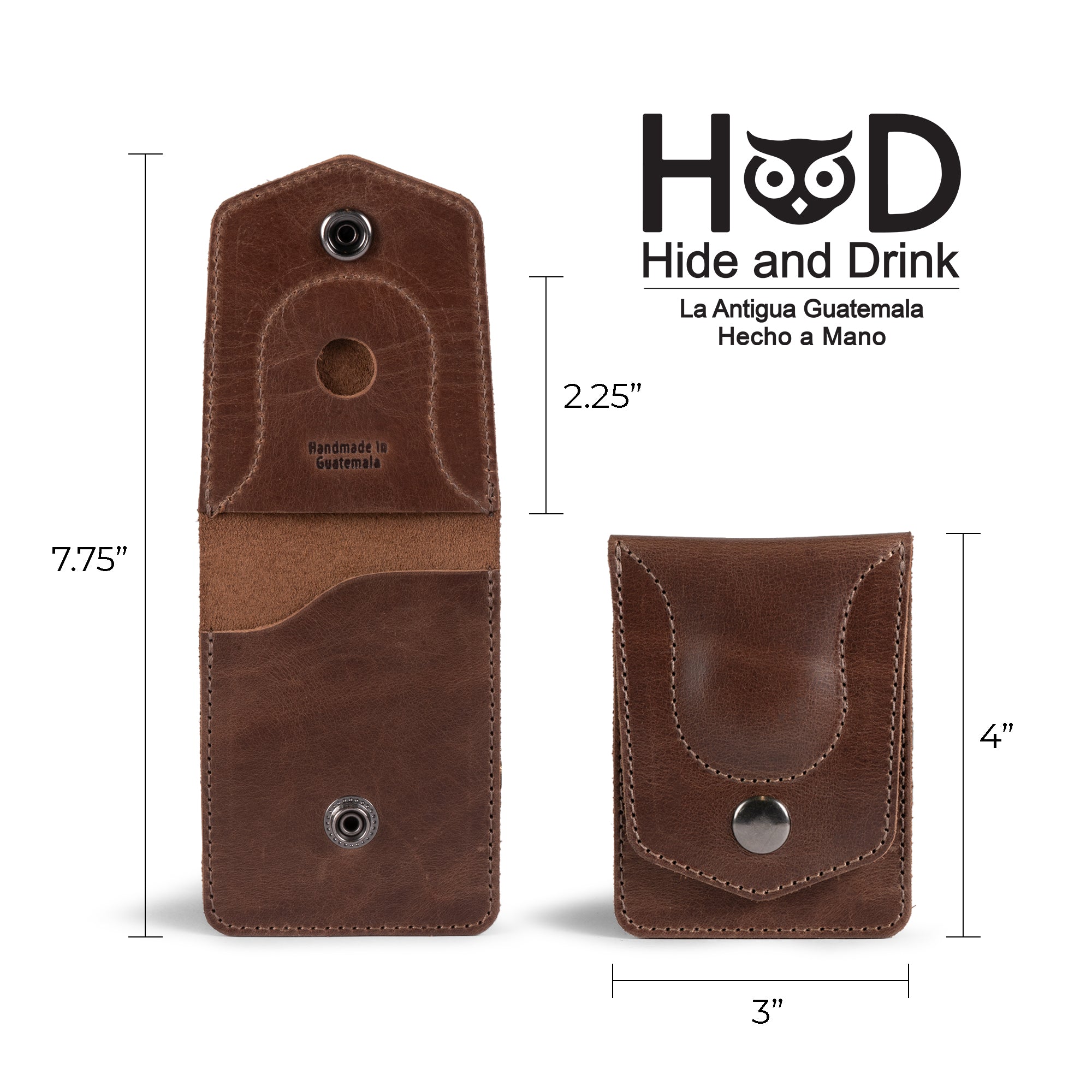 The Card Holder with AirTag Slot by Hide & Drink is shown with dimensions, emphasizing its practical design. This vintage wallet, made of hand cut and hand sewn full grain leather, is perfect for those seeking a compact pocket organizer for men.