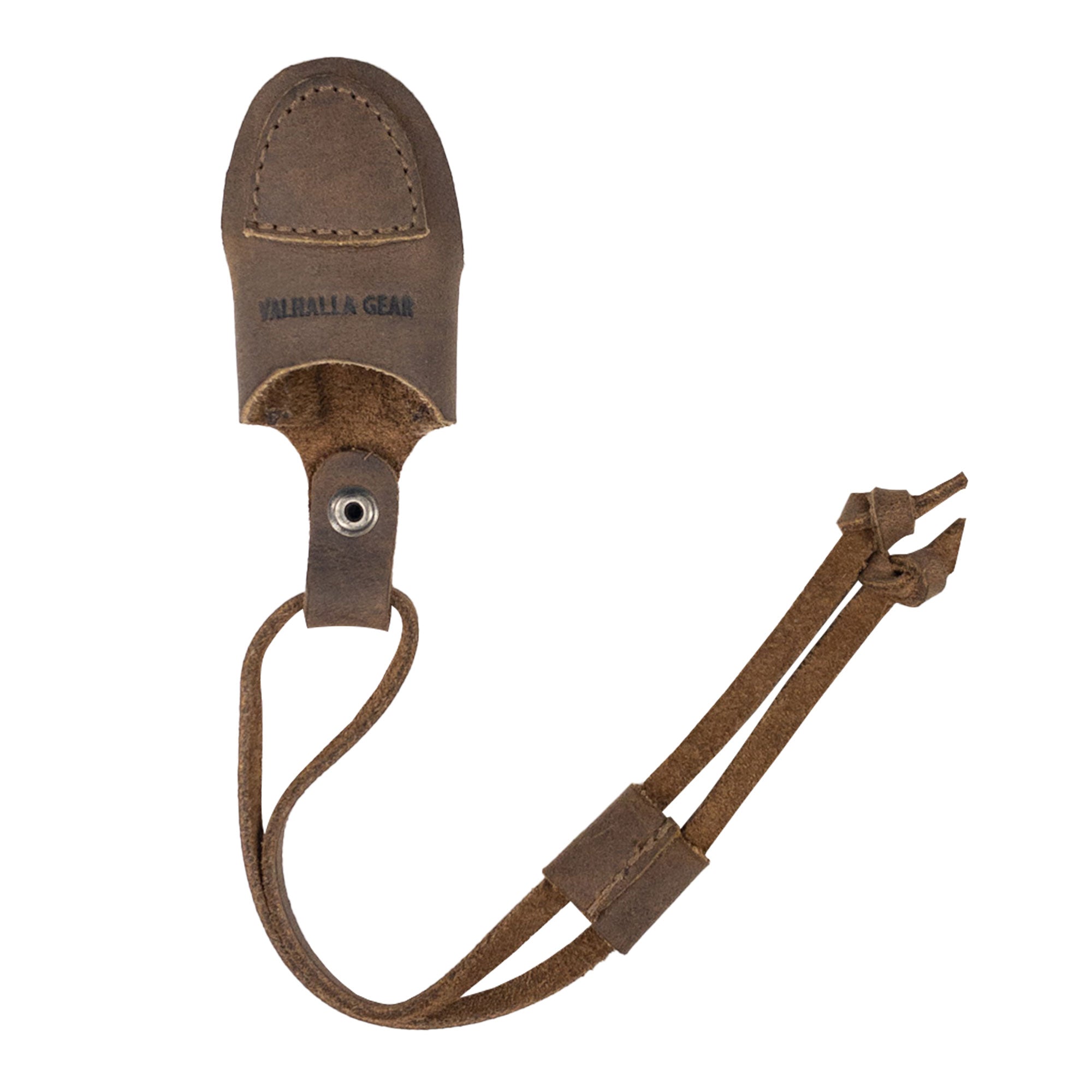 The Archery Thumb Finger Protector by Valhalla Gear laid flat to show its structure and quality. Made from premium full grain leather, this artisan product is hand cut and hand sewn for superior durability, perfect for archers focused on accurate shooting.