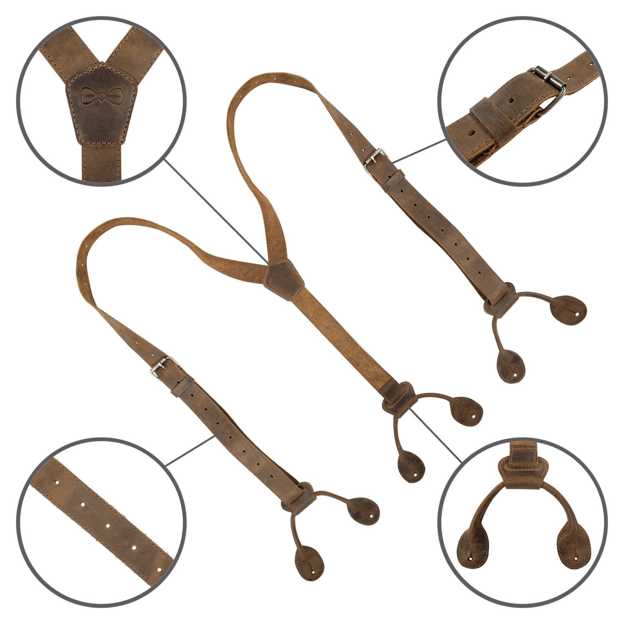 Detailed view of Y Back Button End Suspenders by Hide & Groom, featuring various components like straps and buttons. These suspenders are perfect for bachelors and groomsmen, crafted from full grain leather for durability. Handmade in Guatemala, they embody quality through small batch production and artisan techniques.