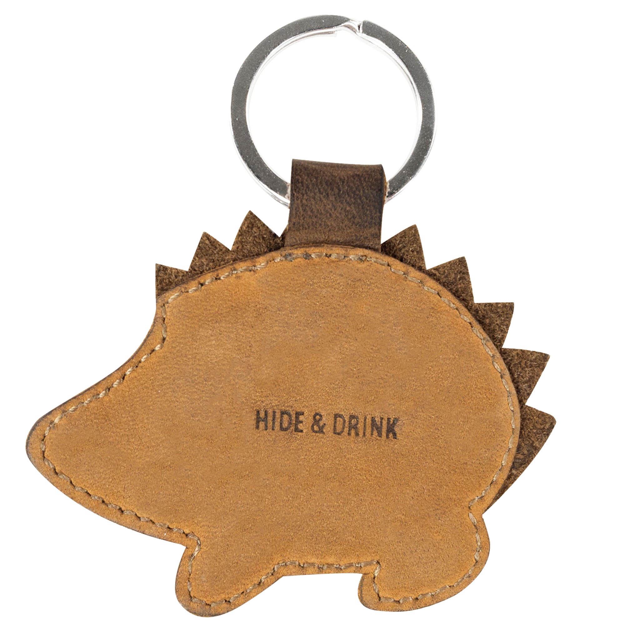Back view of the Porcupine Keychain displaying the Hide & Drink branding, emphasizing its artisanal quality. This adorable key ring holder is perfect for wildlife-themed gifts. Made from high-quality Full Grain Leather, it's handmade with care in small batches in La Antigua Guatemala & Oaxaca Mexico, showcasing fire branded artistry.