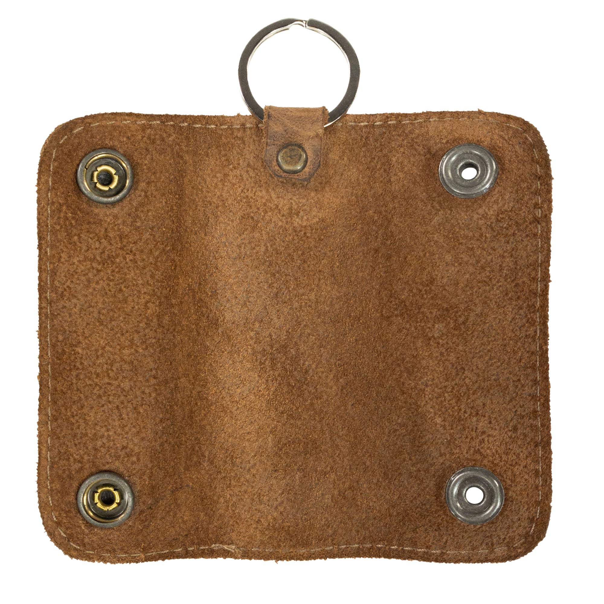 An open view of the Double Snap Key Holder by Hide & Drink, highlighting its rustic Full Grain Leather and solid metal snaps. This versatile accessory is perfect for easy key organization and showcases the craftsmanship of hand cut and hand sewn products made by artisans in La Antigua Guatemala & Oaxaca Mexico.