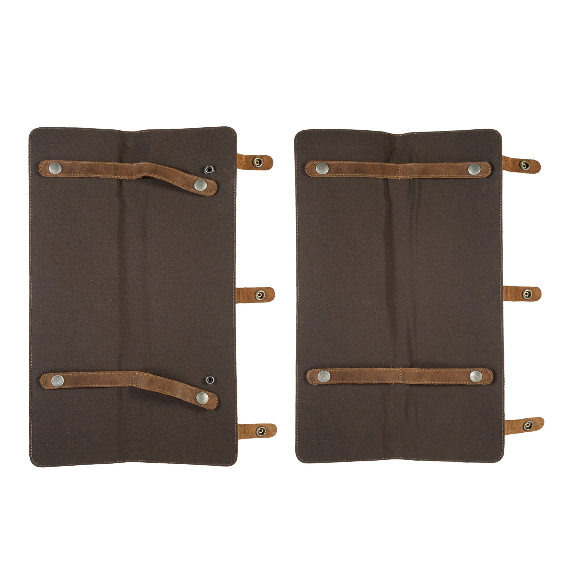 Two panels of the unfastened Travel Tie Case by Hide & Groom, featuring slots to secure ties in place. Ideal for groomsmen and best men. This Travel Tie Case is artisan made from full grain leather in La Antigua Guatemala & Oaxaca Mexico.