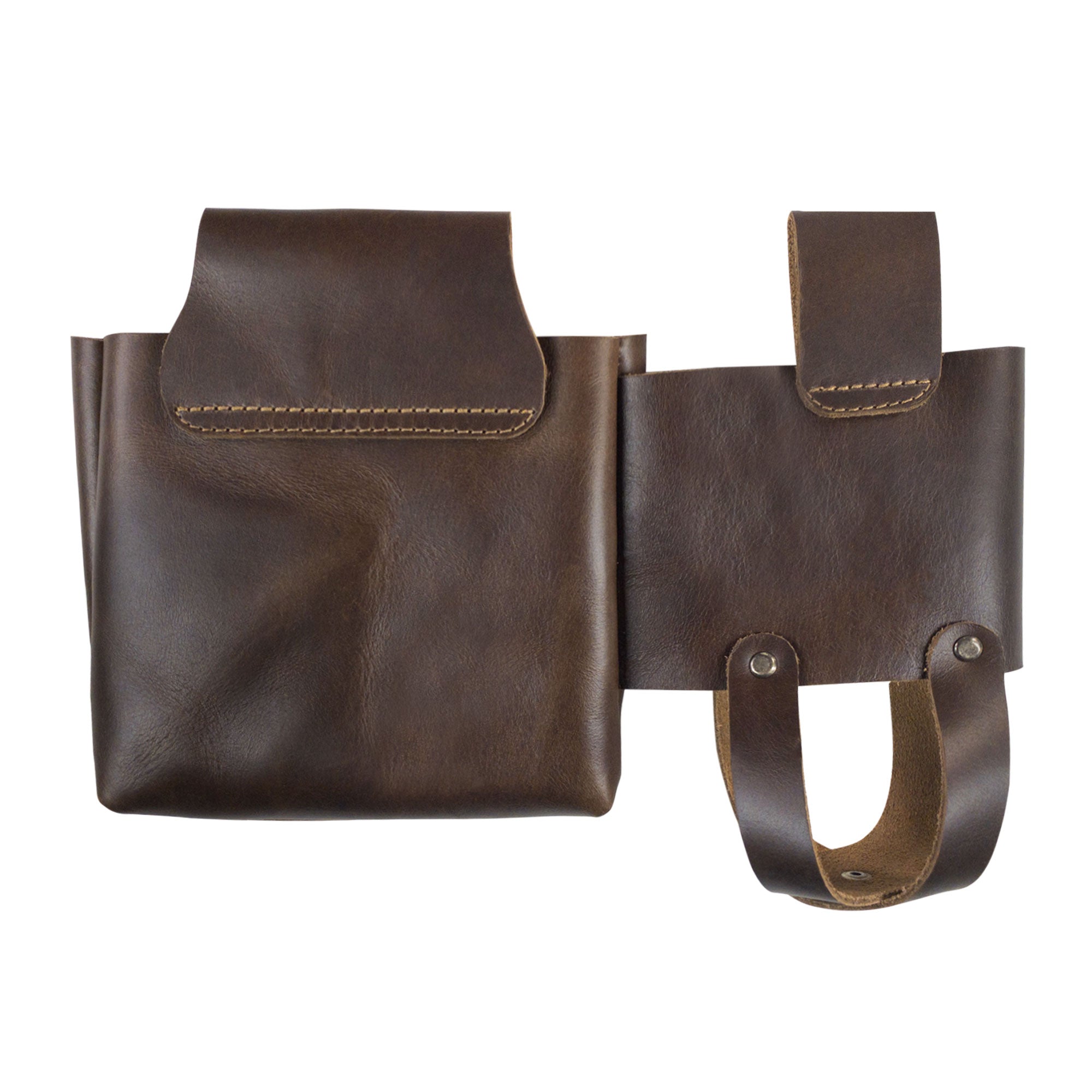 Taco Dog Dog Treat Bag with Bottle Slot shown with its compartments open, perfect for storing treats and a water bottle. This practical Dog Treat Pouch with Bottle Slot is great for hassle-free pet training sessions. Designed as a Treat Bag for Pet Training, it's made of high-quality Full Grain Leather. The bag represents Small Batch Production standards, being Hand Cut, Hand Sewn, and Fire Branded, reflecting artisanal craftsmanship that is Handmade in La Antigua Guatemala & Oaxaca Mexico.