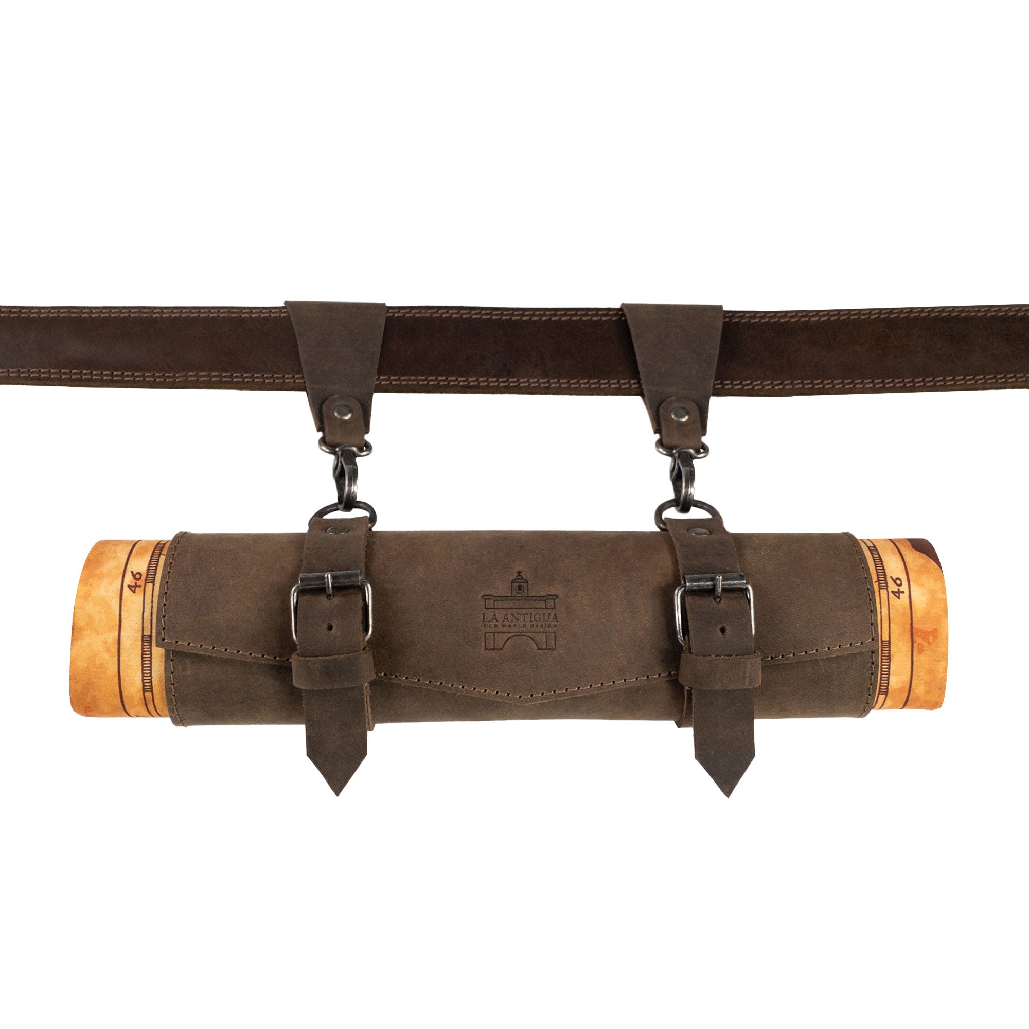 The La Antigua Map Holder for Belt is depicted attached to a strap, showcasing its rustic style and robust functionality as a multitool organizer. Crafted from premium full grain leather, this piece is meticulously hand cut, hand sewn, and fire branded, reflecting artisan care, made in La Antigua Guatemala & Oaxaca Mexico.