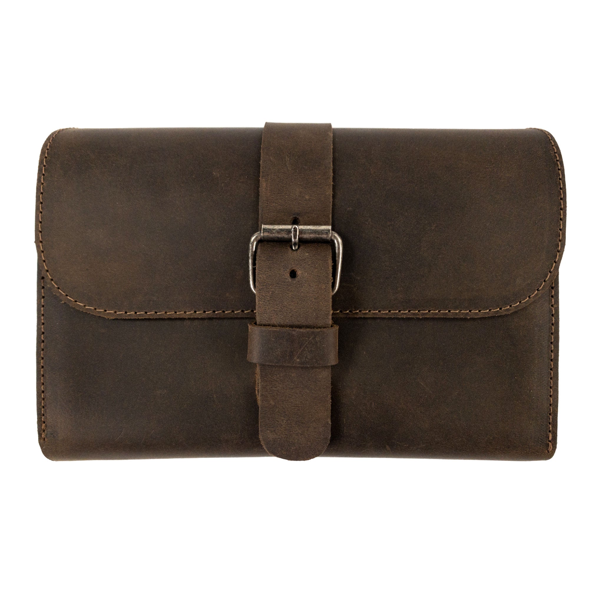 Front view of the Triple Cigar Case by Hide & Drink, showcasing its rustic design in full grain leather. This artisanal accessory features a secure buckle closure and is handcrafted in La Antigua Guatemala, embodying small batch production with a unique patina.
