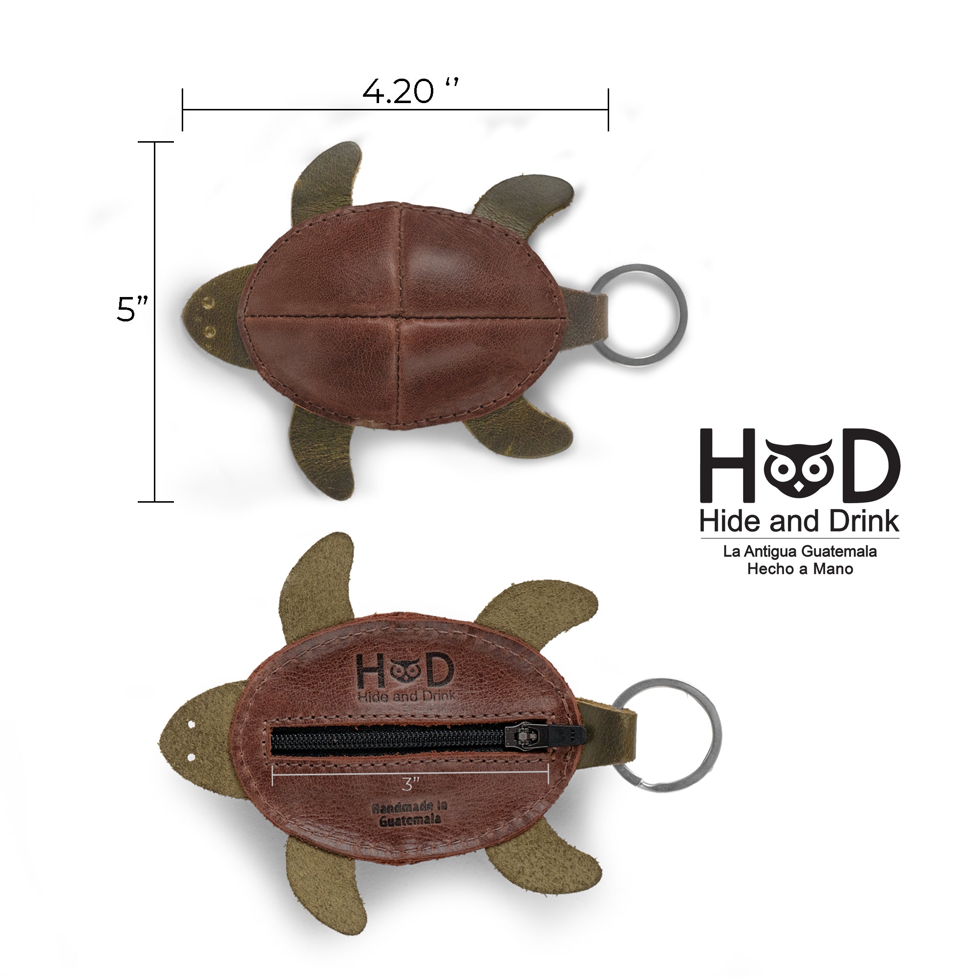 Turtle Mini Pouch Keychain by Hide & Drink, with specifications highlighted, showcasing its dimensions and unique design. This handmade Leather Turtle Coin Purse, crafted from Full Grain Leather, is a perfect small batch production item from La Antigua Guatemala & Oaxaca Mexico.