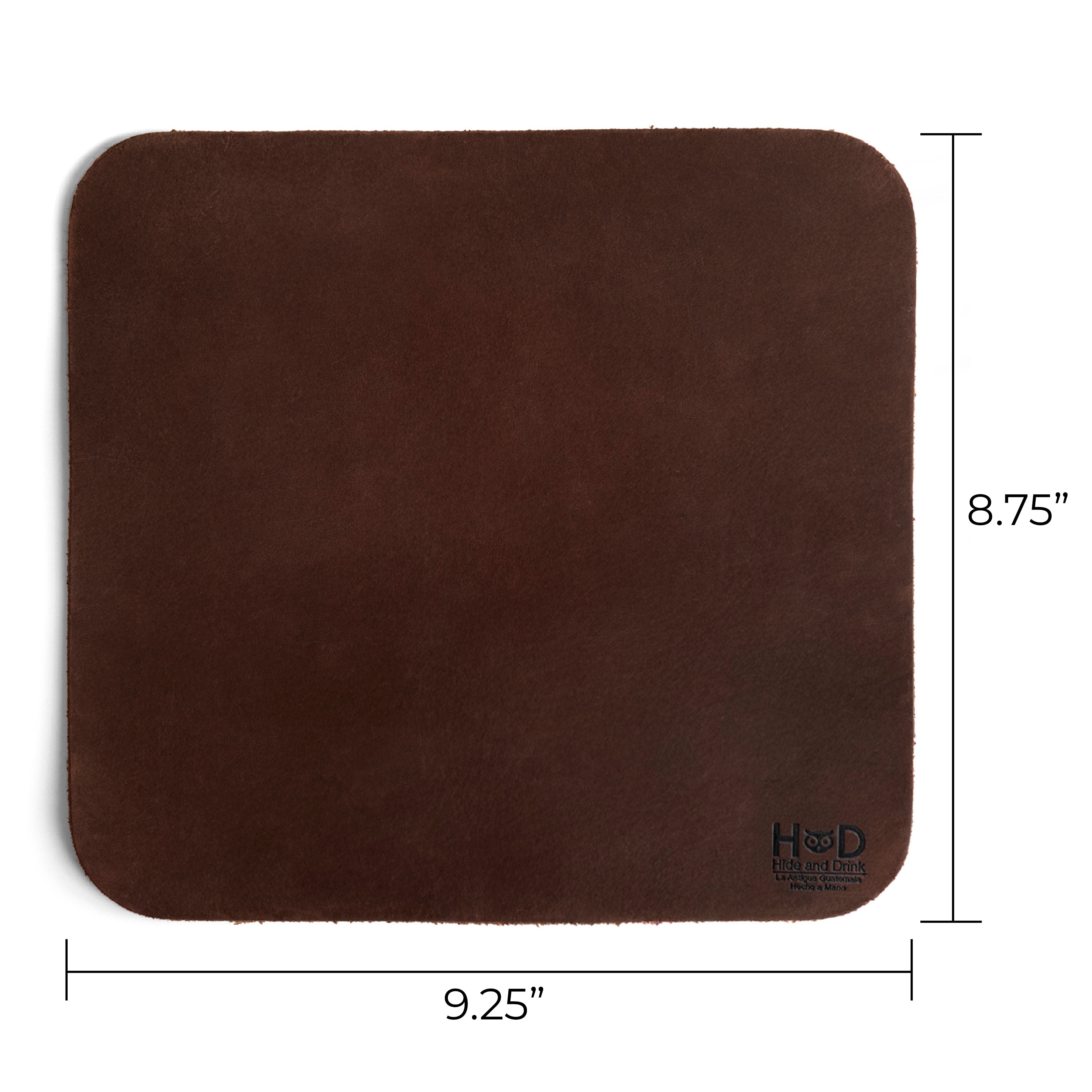 Hide & Drink Mousepad with dimensions 9.25 in x 8.75 in, made from high-quality genuine leather that enhances your desk. This smooth surface is perfect for any computer mouse, embodying the handcrafted quality from La Antigua Guatemala & Oaxaca Mexico.