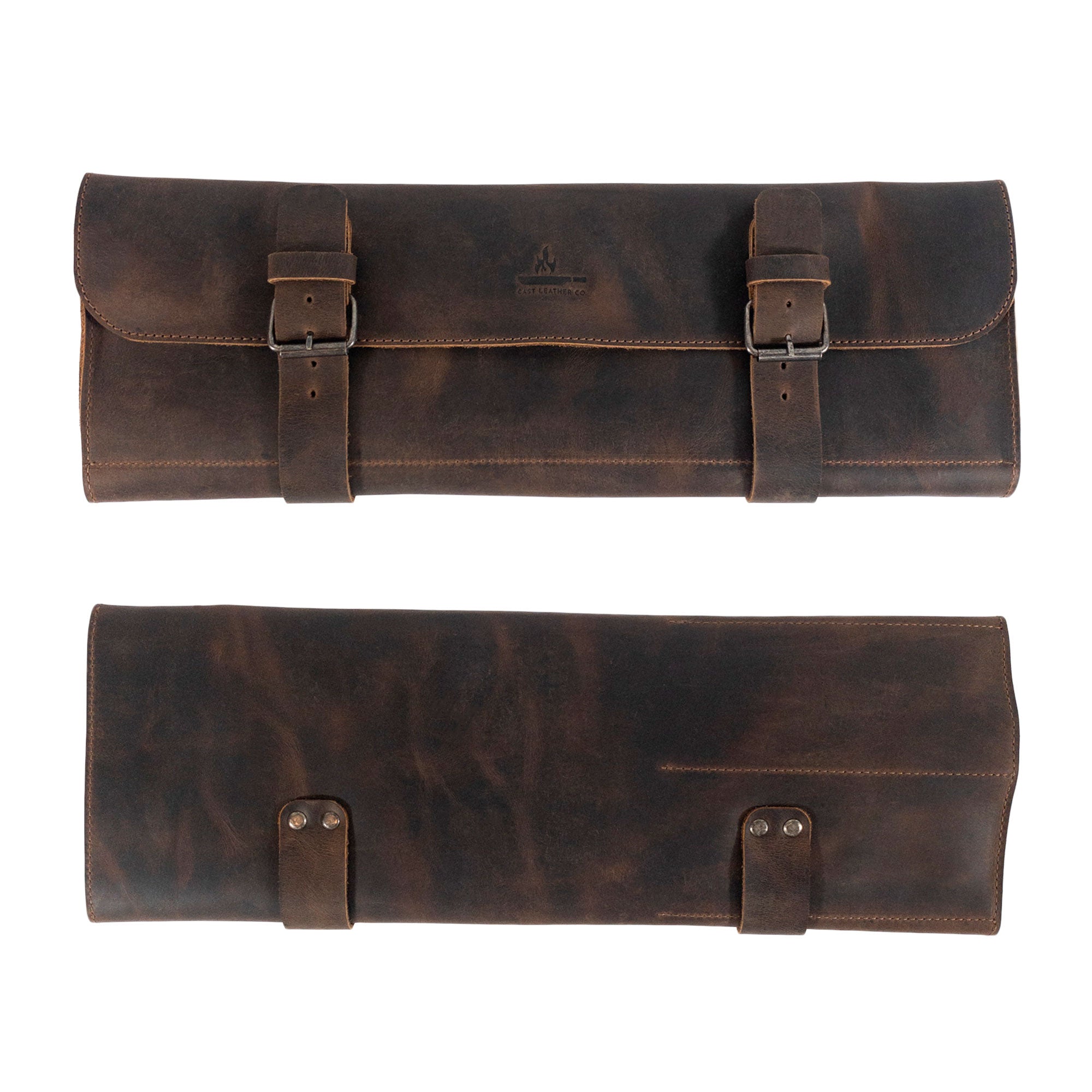 Top view of the Utility Knife Roll from Cast Leather Co., highlighting its elegant design and sturdy buckles. This rectangular roll for cutting essentials incorporates full grain leather, reflecting the artisan, handmade quality rooted in traditional methods from La Antigua Guatemala & Oaxaca Mexico.