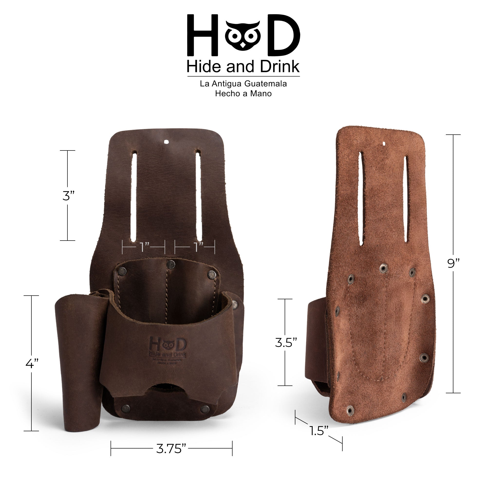 Hide & Drink Tape And Knife Holder specifications displayed clearly. This functional Tape & Knife Holder offers a unique solution for storage. Ideal for marking and measuring, this pocket belt pouch features full grain leather for durability. Handcrafted in small batches in La Antigua Guatemala, showcasing expert artisan skill.