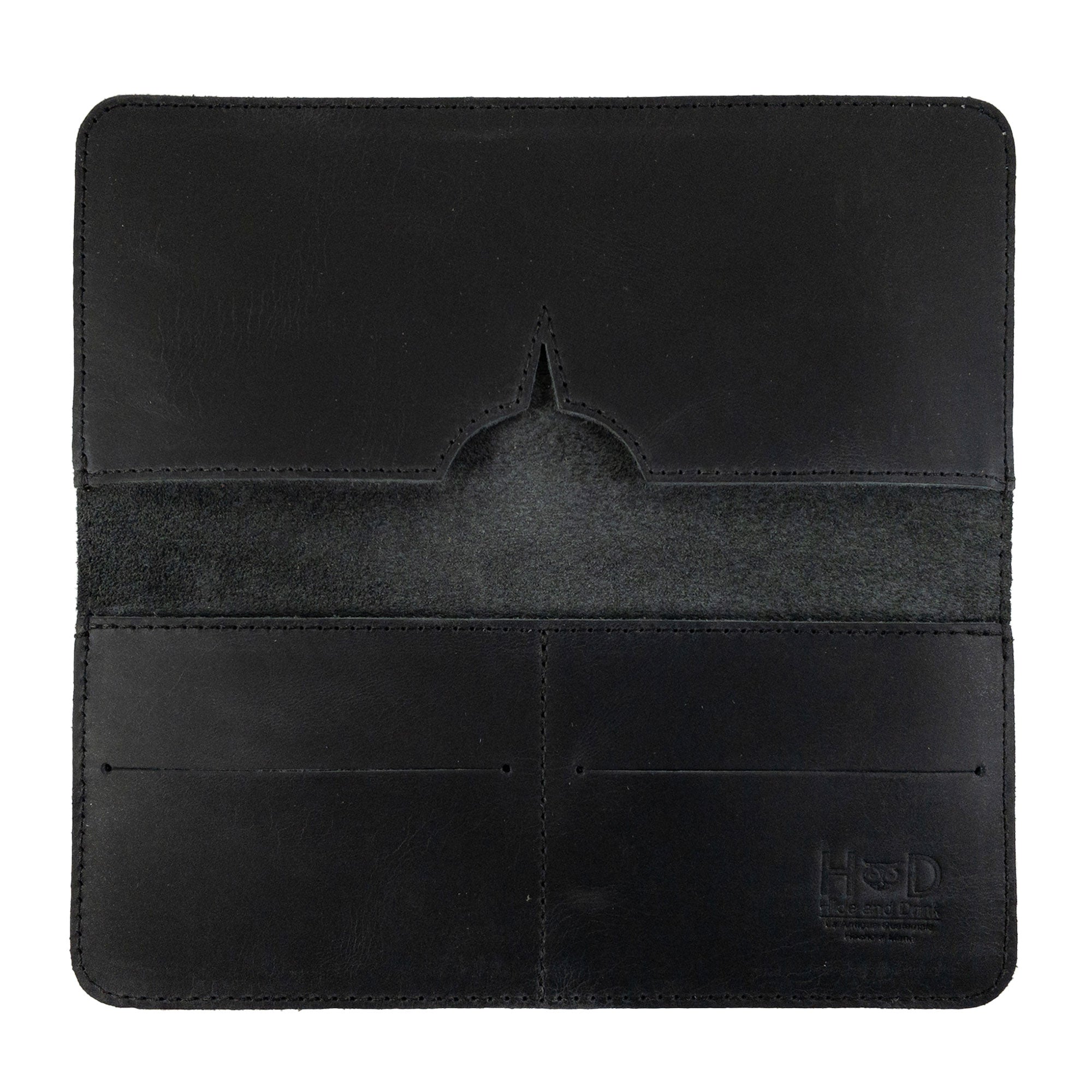 Interior view of the black bifold wallet for cellphone by Hide & Drink, showing slots for cards and cash. This streamlined Bifold Wallet for Cellphone is constructed from durable Full Grain Leather, highlighting artisan craftsmanship. Proudly made in small batches by artisans in La Antigua Guatemala & Oaxaca Mexico.
