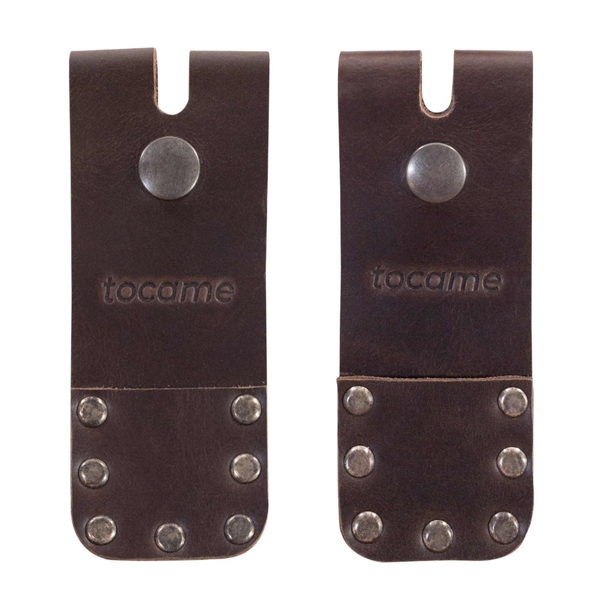 Set of 2 Flip Sleeves for Mute Drum Key Tool, Tuner & Dampener (Drum Key and Coin Not Included) by tocame, displaying the back and front views of the elegant leather design. This handmade item combines durability with aesthetics, perfect for musicians who appreciate quality craftsmanship.