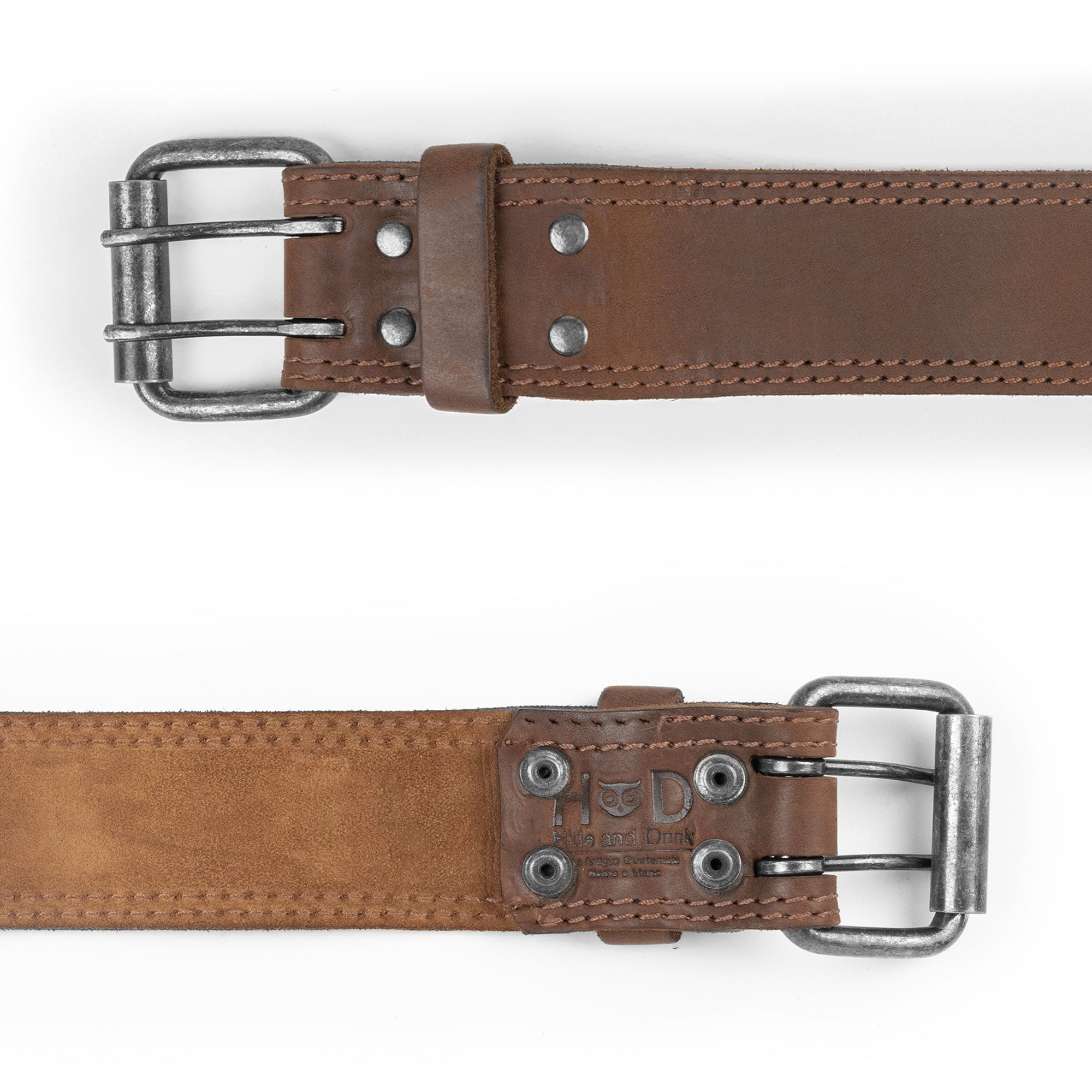 Two Row Stitch Reinforced Leather Belt / Rustic Double Prong Buckle, 1.5" Wide