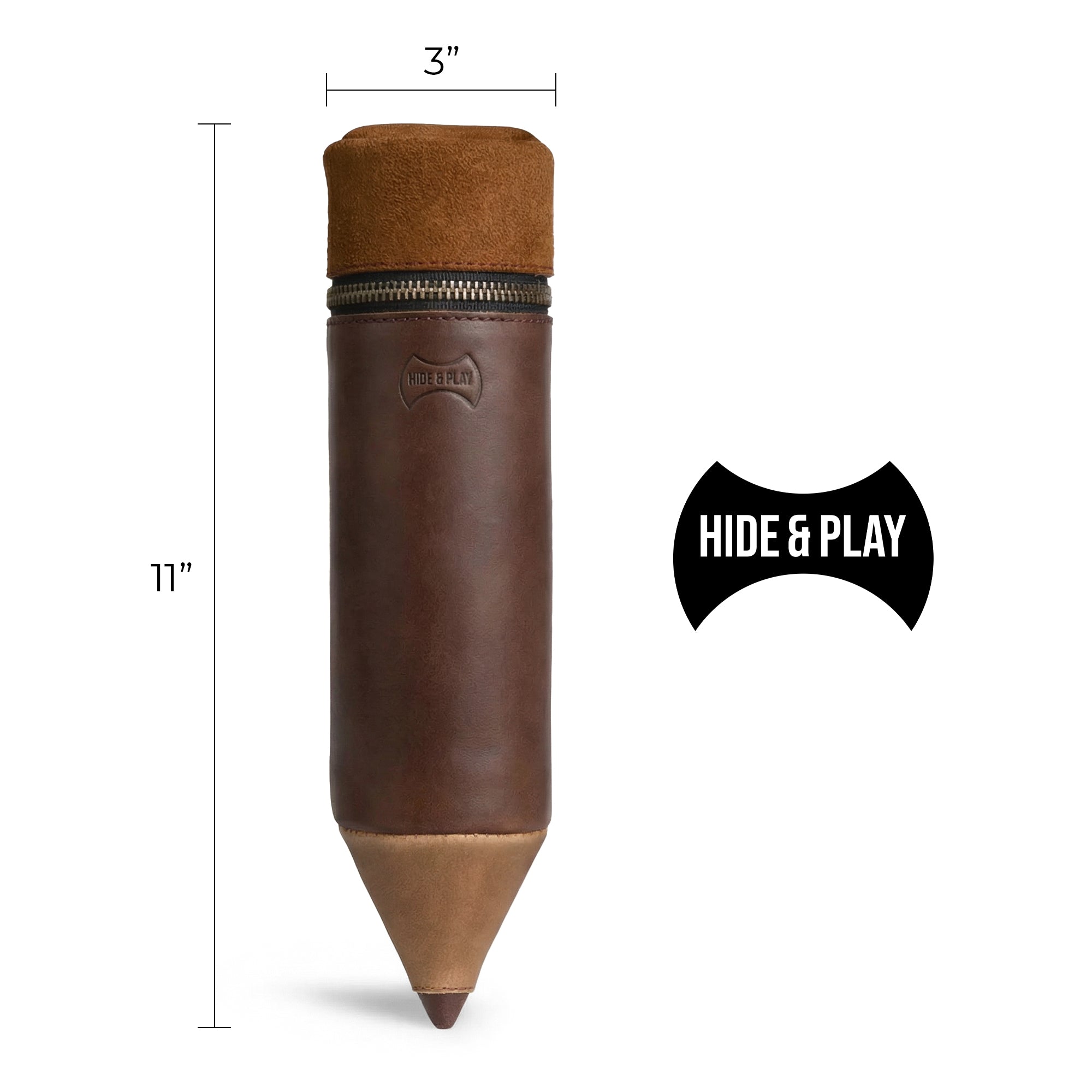 Dimensions of the Pencil-Shaped Case by Hide & Play, showcasing its substantial length of 11 inches. This unique zippered bag, made from full grain leather, is perfect for storing pens, pencils, and office accessories with artisan craftsmanship.