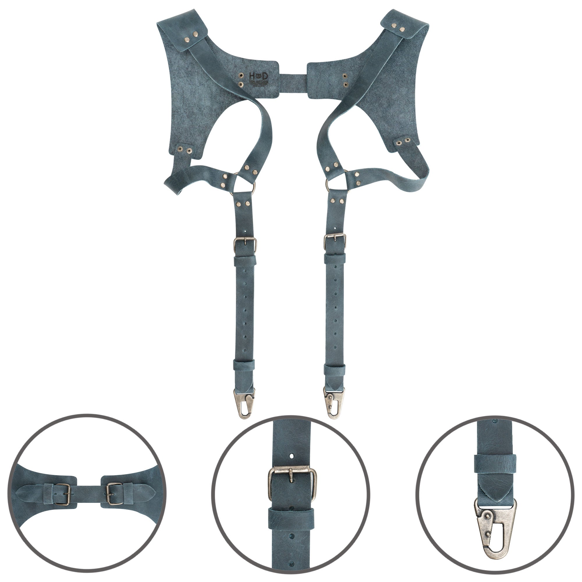 Detail view of dusty blue Renaissance Suspenders by Hide & Drink, emphasizing durable leather construction. This back support harness for men is ideal for groomsmen, showcasing artisan craftsmanship.