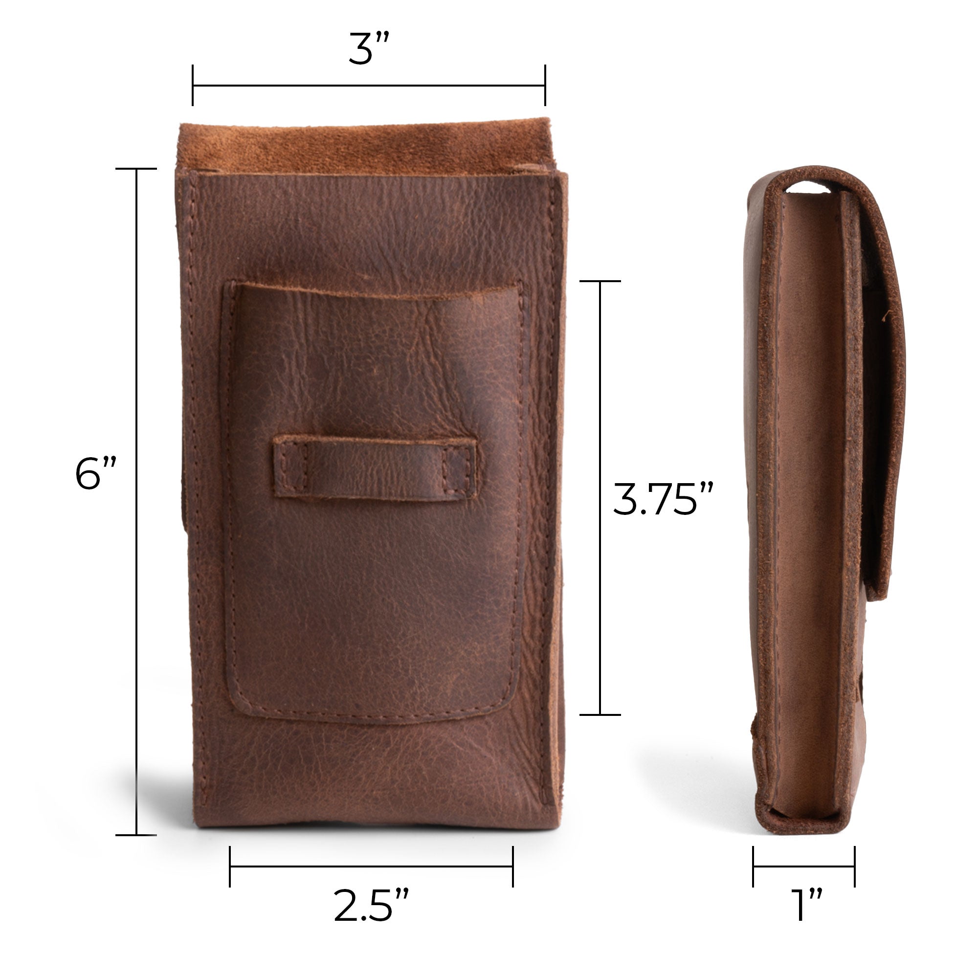 Dimensions of Hide & Drink's Triple Cigar Holder displayed, showcasing its compact design for travel. This cigar case holds 3 cigars and stands out as an ideal gift for men, made from premium full grain leather, handmade in La Antigua Guatemala & Oaxaca Mexico.