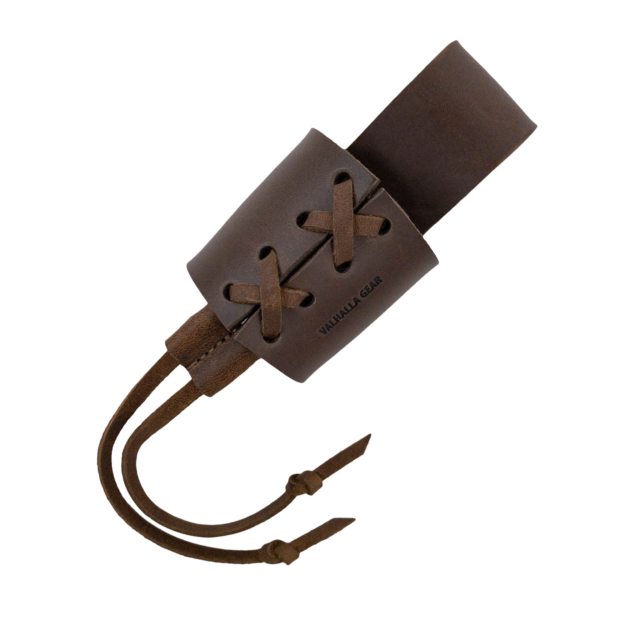 An elegant display of the Braided Axe Holder with Belt Loop created by Valhalla Gear, emphasizing its artisan craftsmanship. Made from full grain leather, this tool organizer is designed for camping, cosplay, and lumberjack outdoor activities.