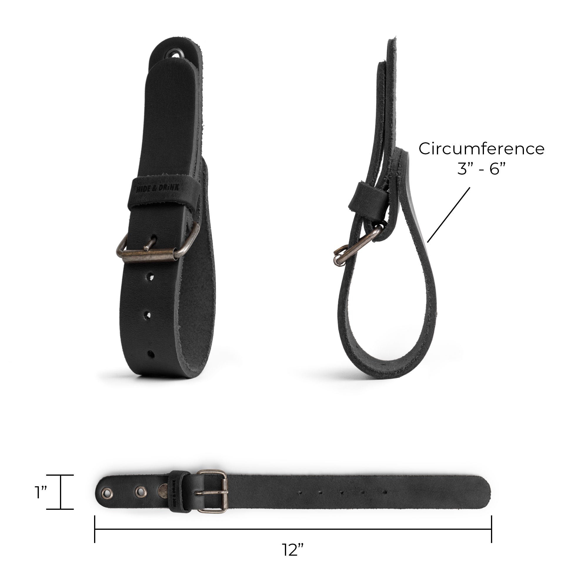 Detailed view of the black Hide & Drink Wall Hanging Strap dimensions, showing its adjustable size and sturdy buckle closure. Ideal for organizing tools and gear, this strap is part of a set of 2 heavy-duty holders suitable for axes, hatchets & tools. Crafted from full grain leather, it emphasizes the artisan craftsmanship through hand-cut and hand-sewn methods from La Antigua Guatemala & Oaxaca Mexico.