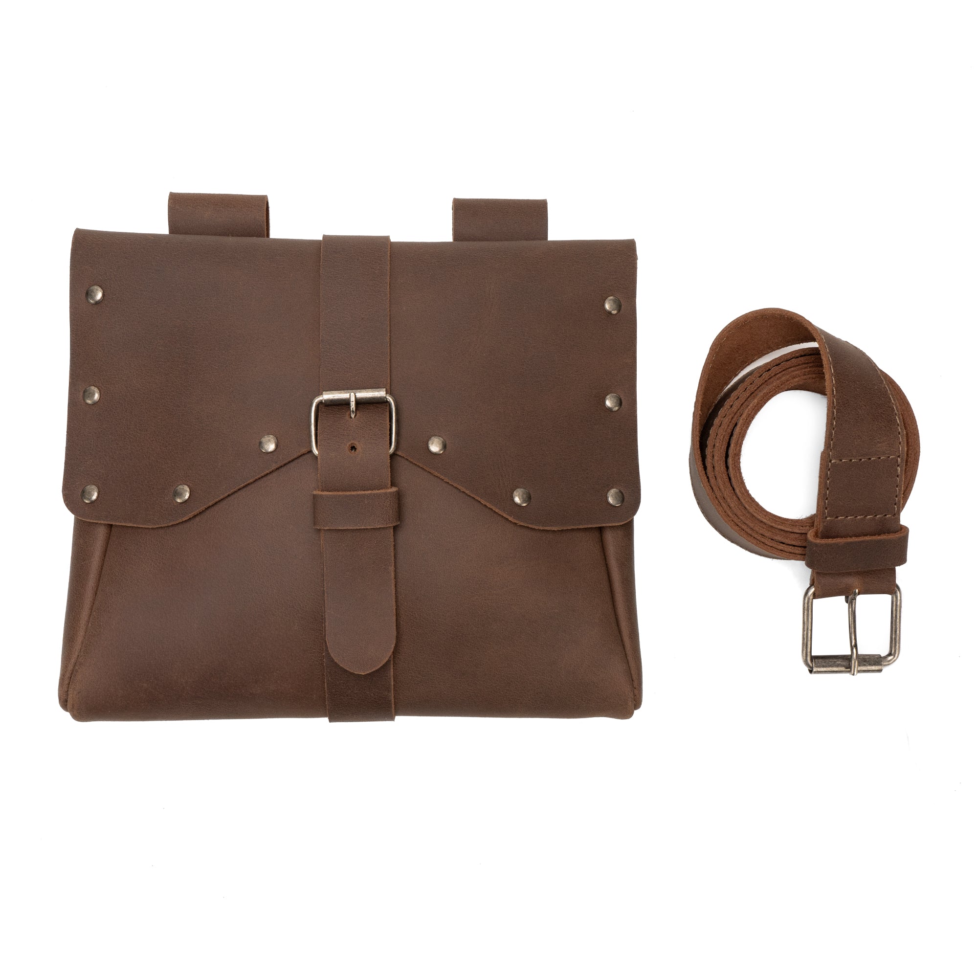 Viking Style Waist Bag with Belt by Hide & Play includes a matching belt. This bag features a buckle closure and is crafted from resilient full grain leather, perfect for cosplay costumes, representing small batch production and artisan skill from La Antigua Guatemala & Oaxaca Mexico.