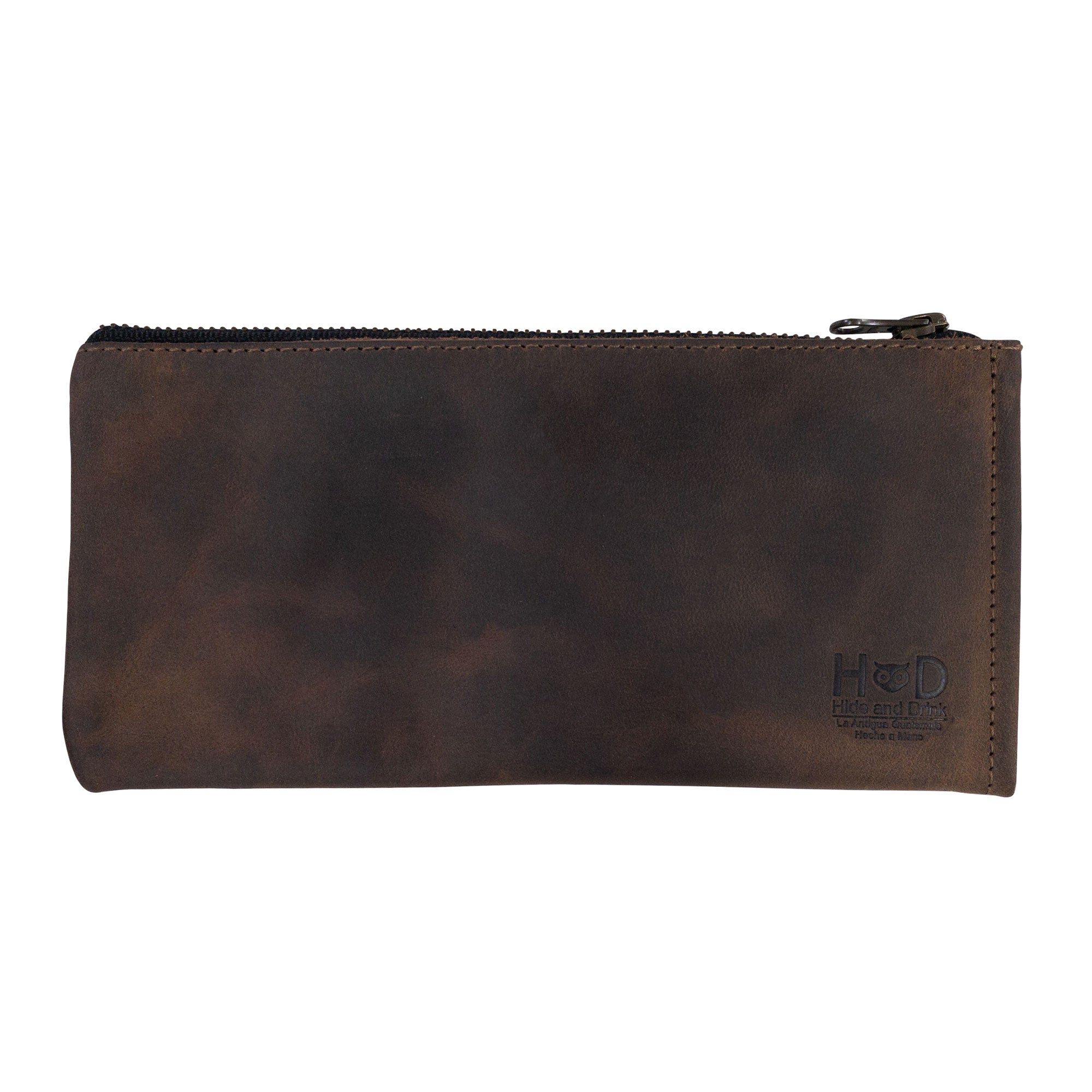 Hide & Drink Zipper Wallet featuring a sleek front view. This handcrafted zippered bag is a Rectangular Wallet with Inner Card Slots, designed from luxurious Full Grain Leather. Great for everyday use, this Rustic Card Holder and Travel Accessory showcases stockyardX's Artisan touch, emphasizing Small Batch Production, Hand Cut, and Hand Sewn artistry. Handmade in La Antigua Guatemala & Oaxaca Mexico.