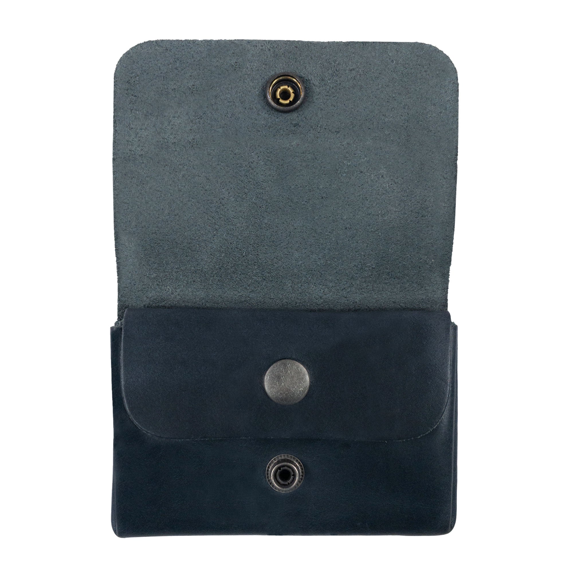 Front view of the gray Double Pouch Card Wallet by Hide & Drink highlighting its high-quality leather. This Leather Double Pouch Card Wallet is an excellent card organizer, cash holder, and coin pouch, suitable for men and women. Handmade in La Antigua Guatemala & Oaxaca Mexico.
