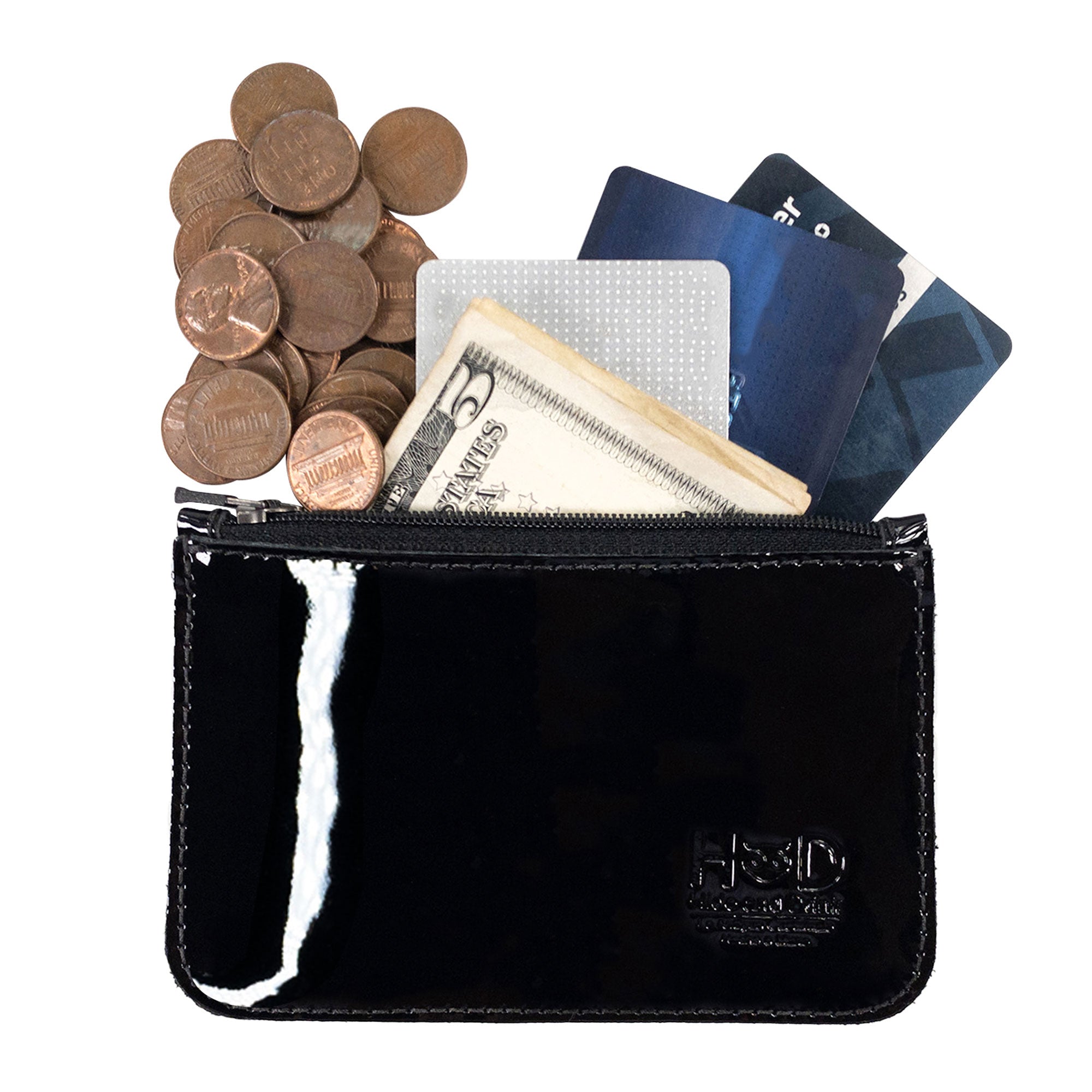 Hide & Drink Zippered Wallet filled with coins and cards, demonstrating its functionality as a coin organizer and card case. Crafted lovingly from full grain leather, this artisan handmade wallet reflects the beauty of small batch production from La Antigua Guatemala & Oaxaca Mexico.