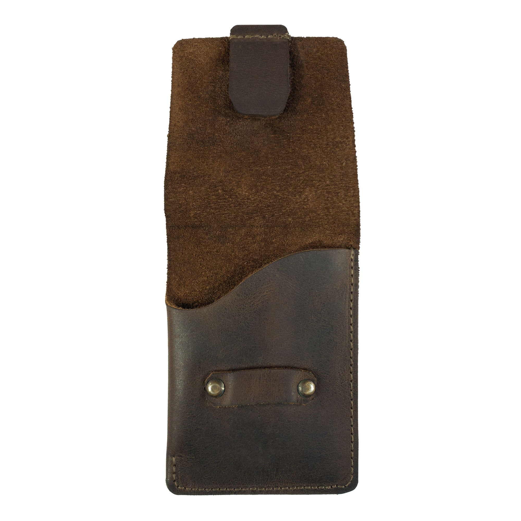 Hide & Drink Slim Card Holder displayed flat, showcasing its compact design suitable for up to 4 cards and folded bills. This full grain leather wallet is a pocket wallet ideal for organization, artisanal crafted in La Antigua Guatemala with hand cut and sewn techniques.