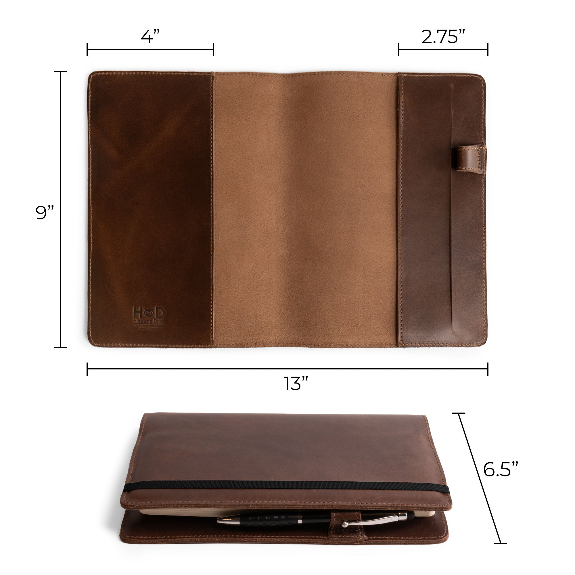 Dimensions illustration of the Leuchtturm A5 Hardcover Case by Hide & Drink, featuring measurements for an ideal fit. This Case for Hardcover Leuchtturm A5 (5.75 x 8.25 in.) Notebook is an essential protective cover for journals and planners, constructed from durable full grain leather. StockyardX, Small Batch Production, Hand Cut, Hand Sewn, Fire Branded, Artisan, Handmade in La Antigua Guatemala & Oaxaca Mexico.