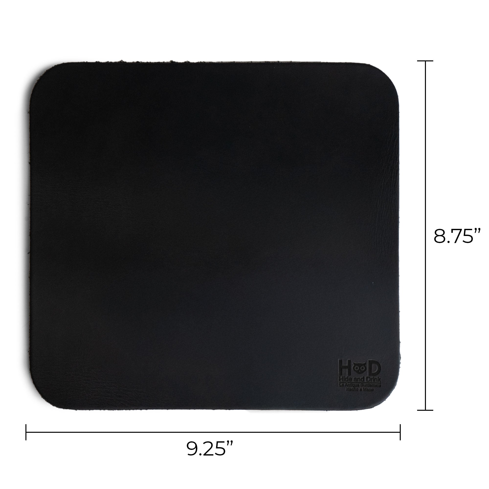Hide & Drink Mousepad in a stylish black color with dimensions 9.25 in x 8.75 in, crafted from full grain leather. This mousepad is great for an ergonomic setup with its anti-slip properties, handcrafted in La Antigua Guatemala & Oaxaca Mexico.