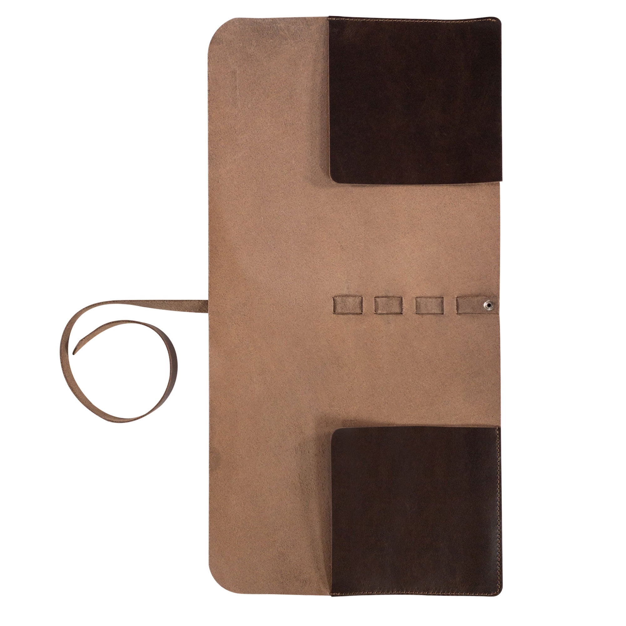 View of the inside of the Drum Stick Roll by tocame, featuring designated slots for easy organization of drumsticks. This artisan-crafted Drum Stick Roll offers both style and convenience, made from durable Full Grain Leather, making it a practical choice for drummers on the go.