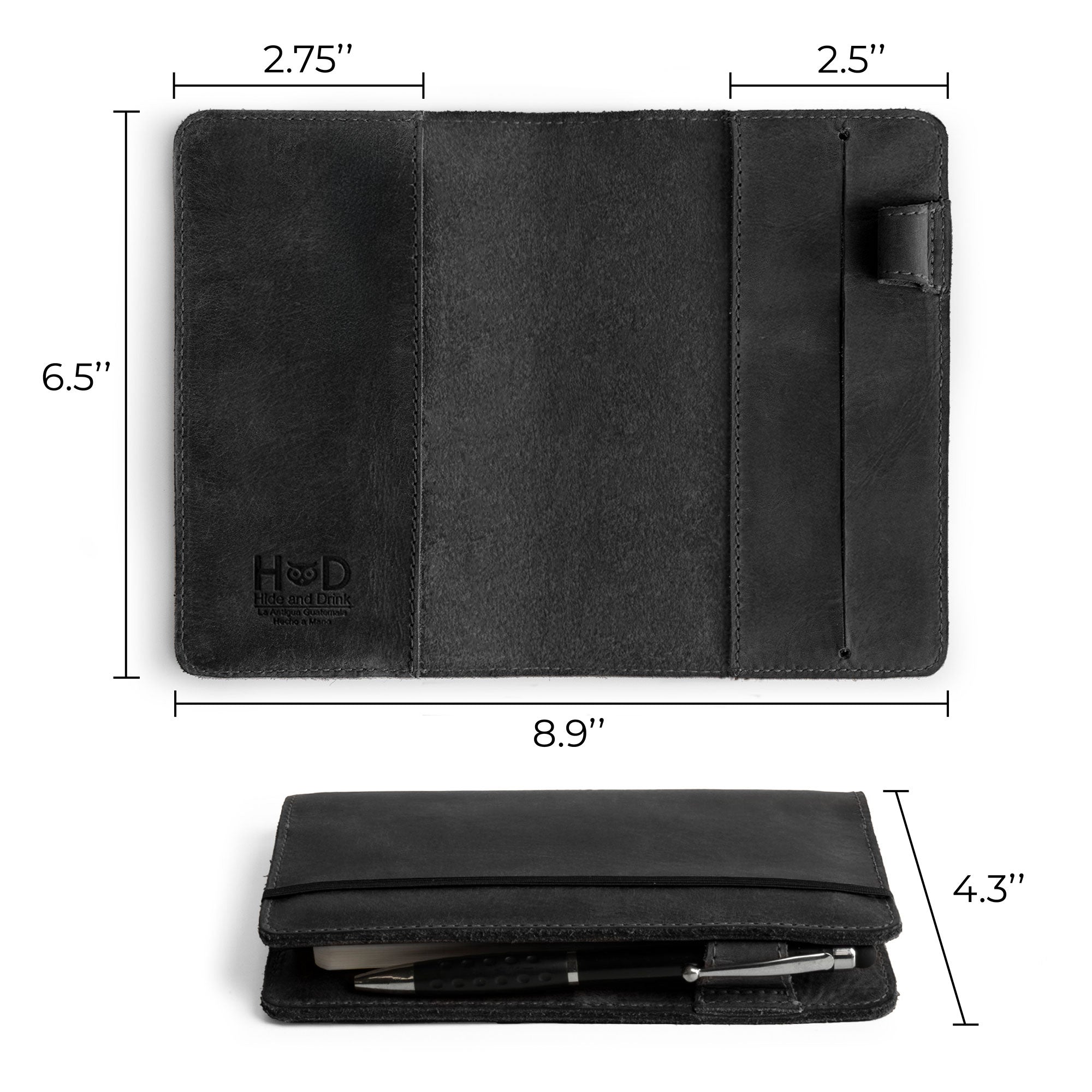 Dimensions view of Leuchtturm A6 Hardcover Case by Hide & Drink in black leather, illustrating size and compartments. Acts as a Leather A6 Notebook Cover for Leuchtturm 3.6 x 5.9 in, perfect for a refillable mini planner case and travel journal cover for men; suitable for Moleskine & Hobonichi, and serves as a travelers pocket portfolio binder.
