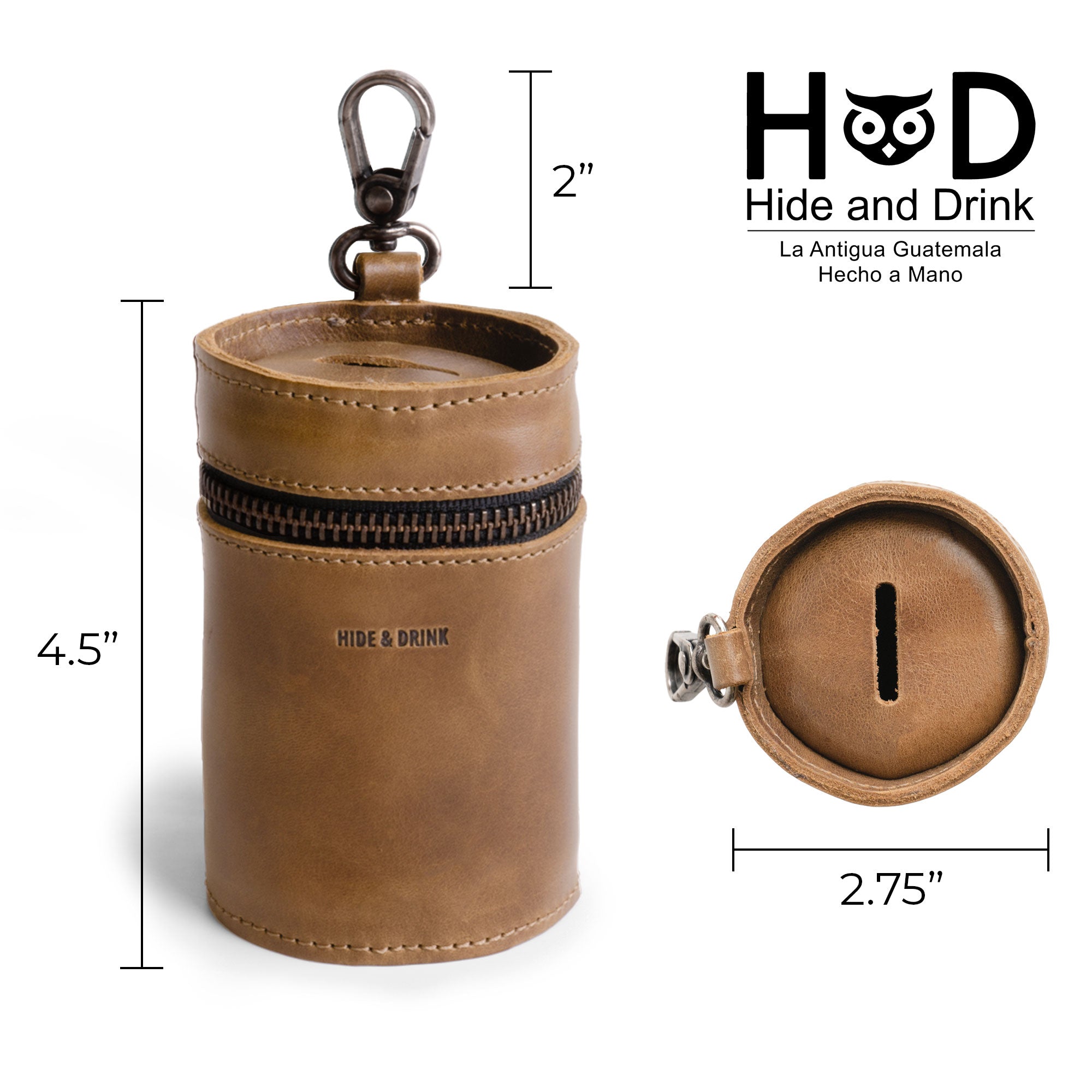 The Bucket Coin Release by Hide & Drink displayed with dimensions highlighted, featuring a sleek design in Full Grain Leather. This small yet effective Money Box serves as a practical Cash Organizer and Piggy Bank Bucket, beautifully hand cut and hand sewn by artisans in La Antigua Guatemala & Oaxaca Mexico.