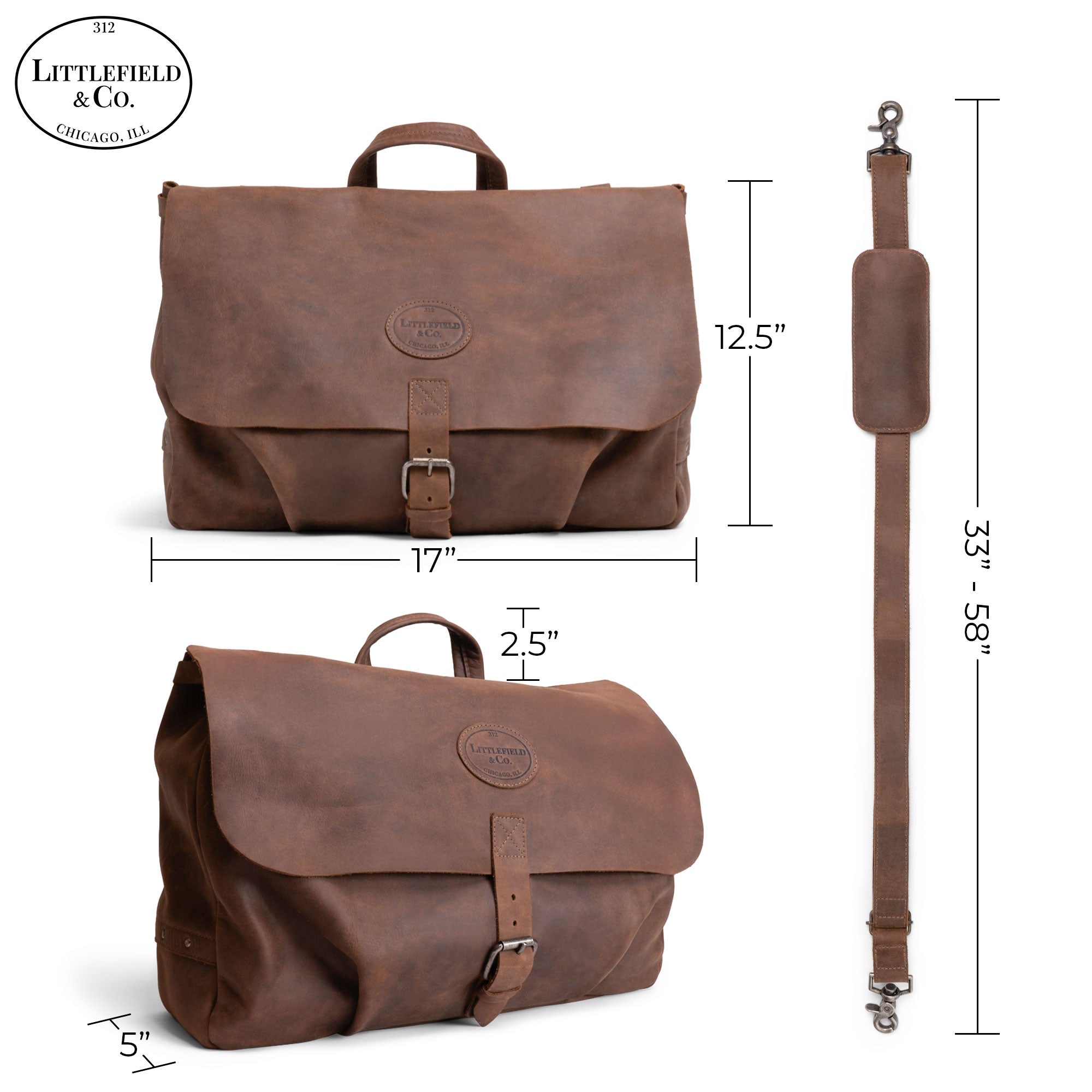 Dimensions display of the Vintage Mail Carrier Weekend Duffle by Littlefield & Co., illustrating its size and design versatility. This Mail Carrier Satchel with Adjustable Shoulder Strap is a practical Messenger Bag and Large Briefcase, made from high-quality Full Grain Leather, produced in Small Batches by StockyardX, handcrafted by fire-branded artisans in La Antigua Guatemala & Oaxaca Mexico.