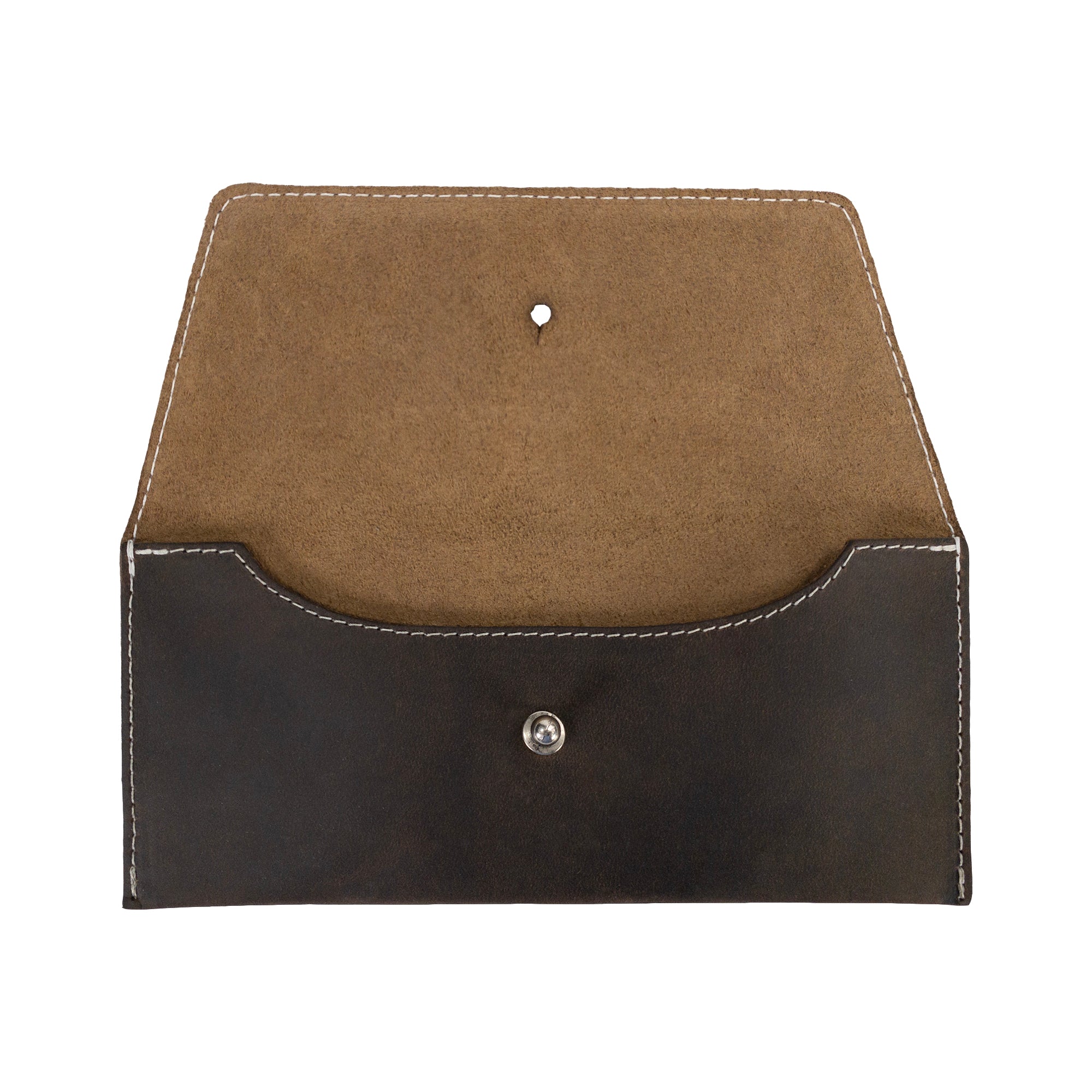 Interior view of the Long Utility Pouch by Hide & Drink in brown, emphasizing its soft suede lining and functional design for holding cash and cards.