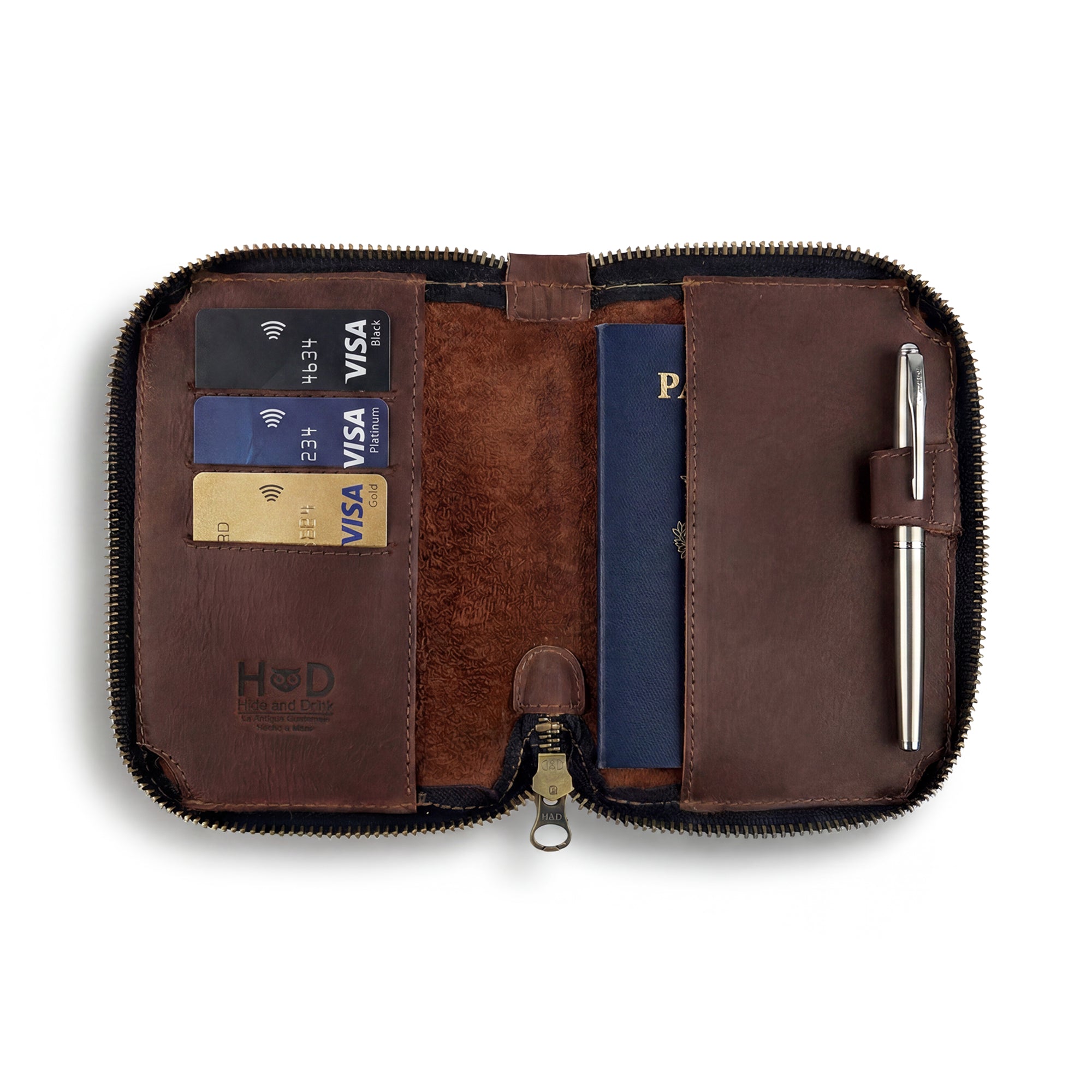 Open view of the Zippered Passport Wallet by Hide & Drink, showcasing the interior organization for bills and cards, all made from durable Full Grain Leather. Zippered Passport Wallet Handmade from Full Grain Leather - Storage Case for Identification, Credit Cards, Cash Full Grain Leather, StockyardX, Small Batch Production, Hand Cut, Hand Sewn, Fire Branded, Artisan, Handmade in La Antigua Guatemala & Oaxaca Mexico.
