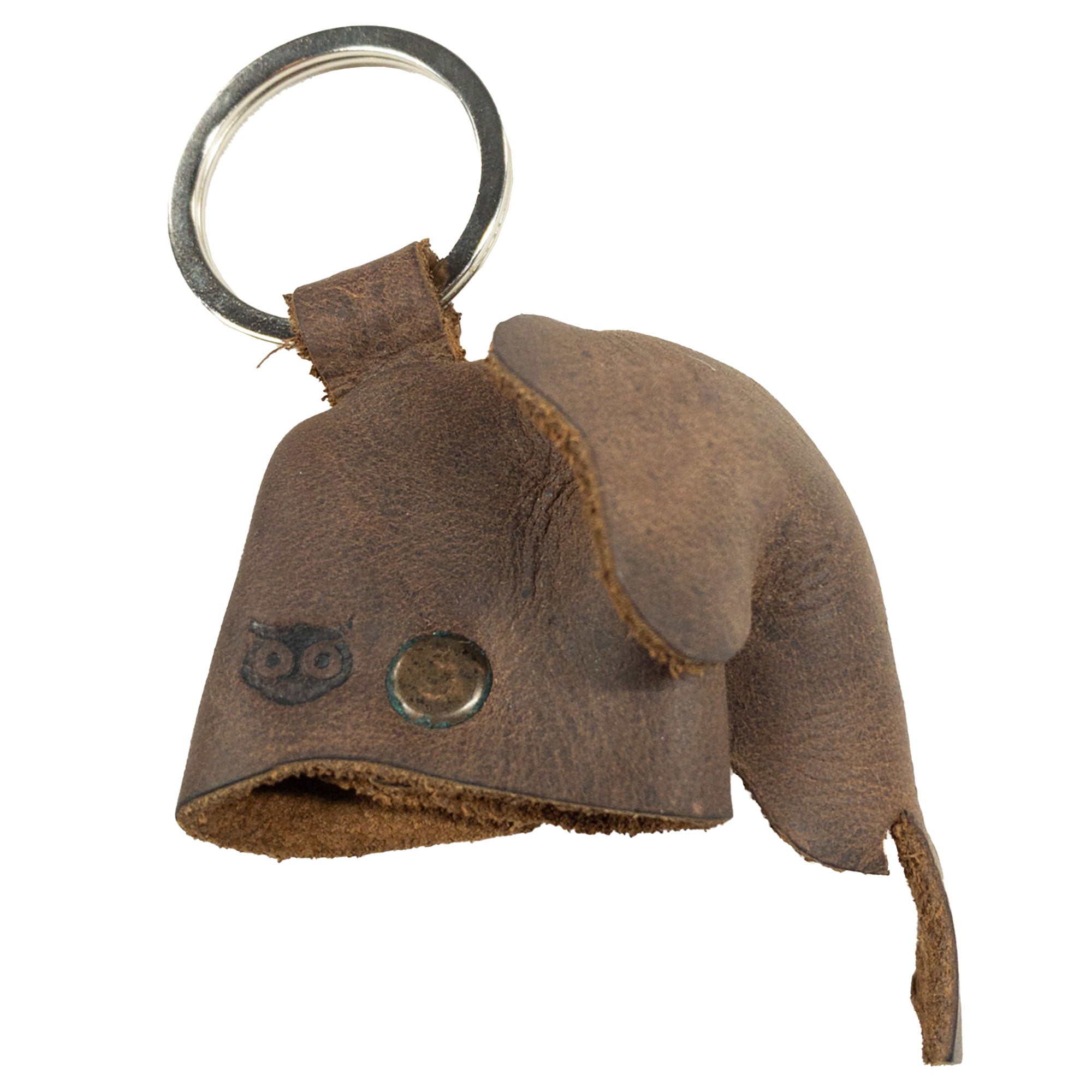 Unique Full Grain Leather Animal Key Chain from Hide & Drink with a cute elephant design. This Critter Keychain serves as a trendy fob charm and an animal key holder charm pendant, highlighting the small batch artisan quality crafted in La Antigua Guatemala.