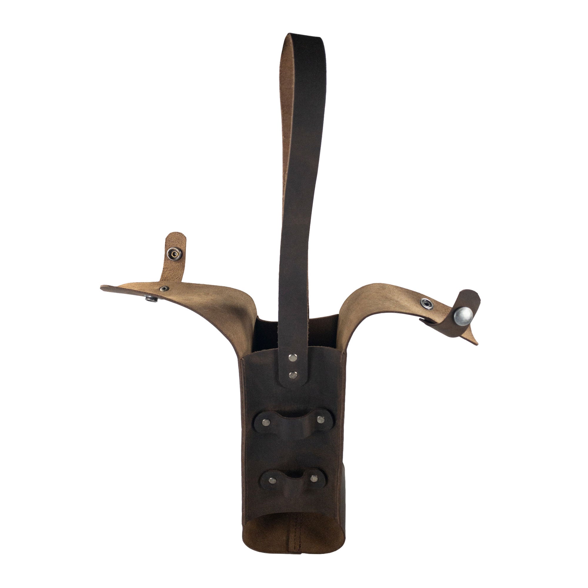 Hide & Drink's Single Bottle Wine Carrier displayed upright, emphasizing its striking handmade design in Full Grain Leather. This artisan-crafted Single Bottle Wine Carrier exemplifies Small Batch Production and maintains exceptional durability thanks to the skilled artisans of La Antigua Guatemala & Oaxaca Mexico.