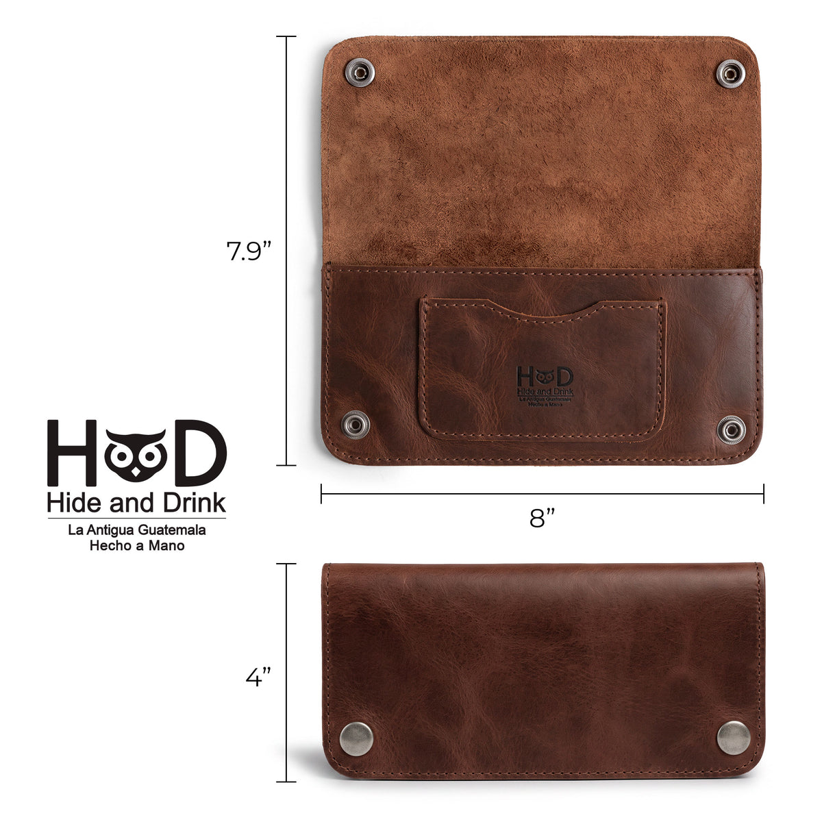 Showcasing the Brown Double Snap Folio Wallet by Hide & Drink, a handcrafted full grain leather accessory designed for style and practicality. This rectangular flat bill holder with card slot serves as a night bag and travel accessory, perfect for anyone seeking quality. Artisan made in La Antigua Guatemala & Oaxaca Mexico, it features small batch production with meticulous attention to detail.