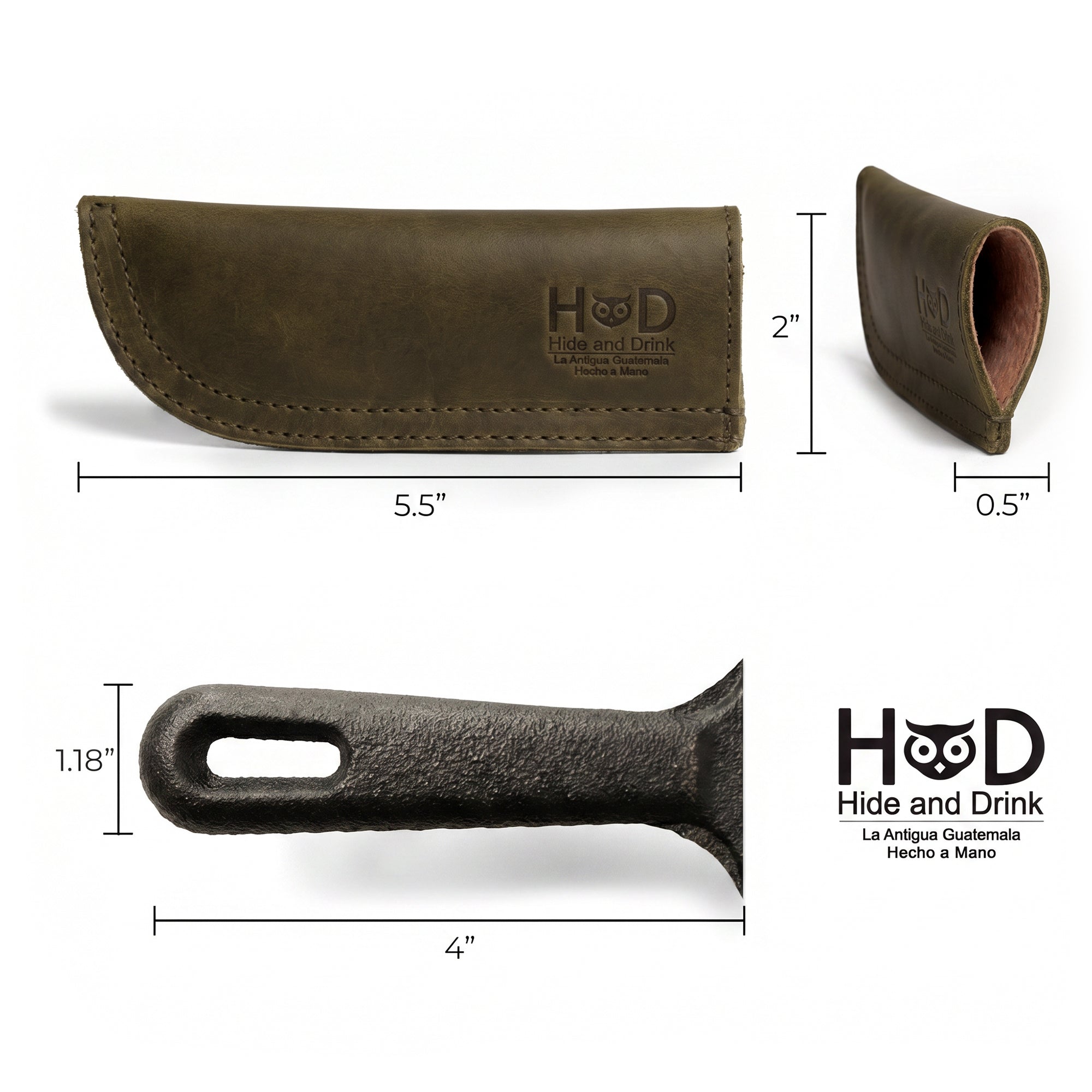 Hide & Drink Cast Iron Panhandle Cover displayed in a stylish manner, showcasing quality craftsmanship. This artisan hot handle protector combines the durability of full grain leather with the convenience of double stitching. Handmade in La Antigua Guatemala & Oaxaca Mexico, it’s a must-have for cooking enthusiasts.