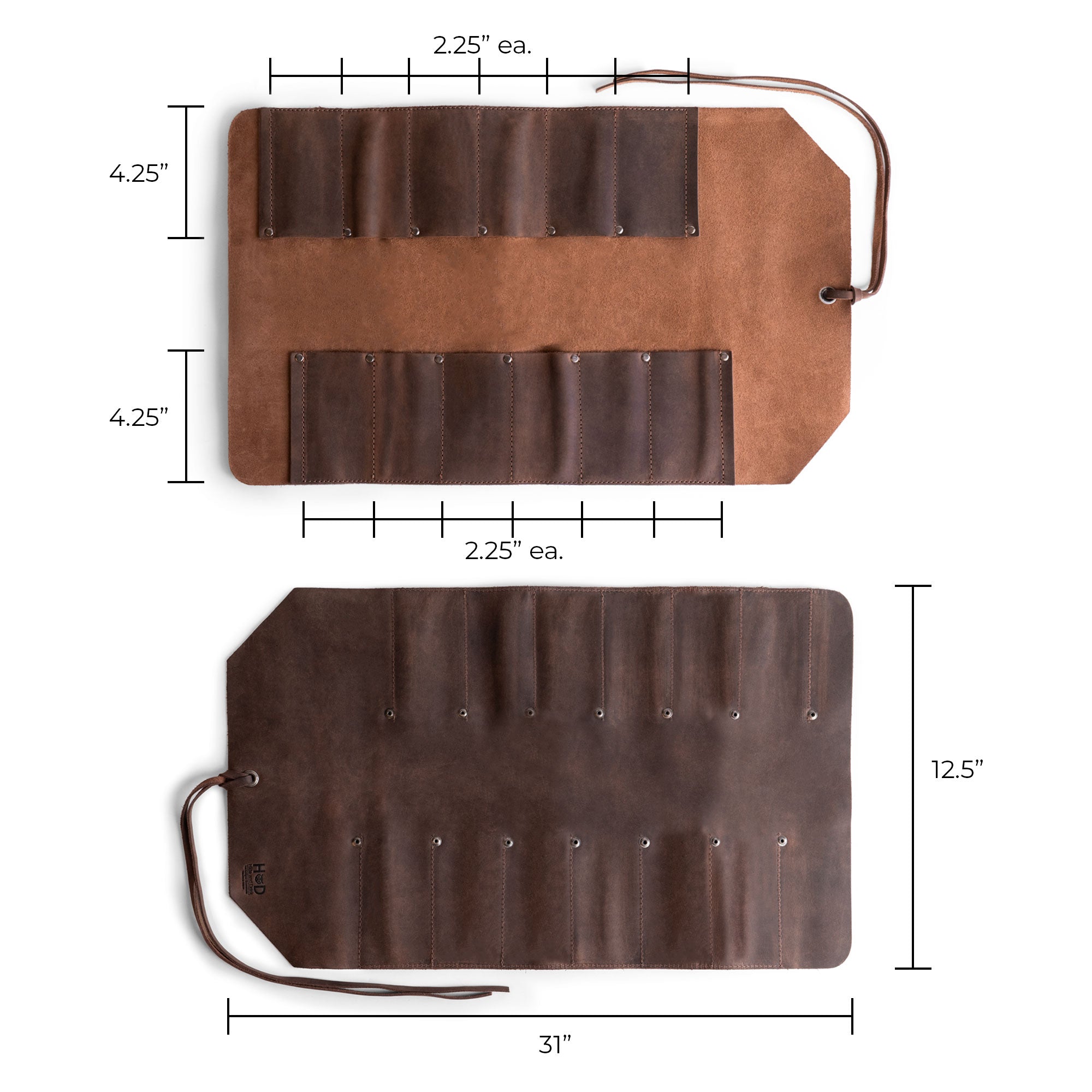 Hide & Drink Tool Roll (12 Pockets): Dimensions displayed for this compact leather tool roll, designed for both style and functionality, ideal for on-the-go use. Tool Bag Roll Up, 12 Slot Heavy Duty Tool Roll Bag Organizer, Tool Roll Up Bag, Portable Tool Wrap Roll Bags for Travel, Durable Tool Kit Folding Tool Pouch Roll Up Mechanic Gifts for Men, Full Grain Leather, StockyardX, Small Batch Production, Hand Cut, Hand Sewn, Fire Branded, Artisan, Handmade in La Antigua Guatemala & Oaxaca Mexico.