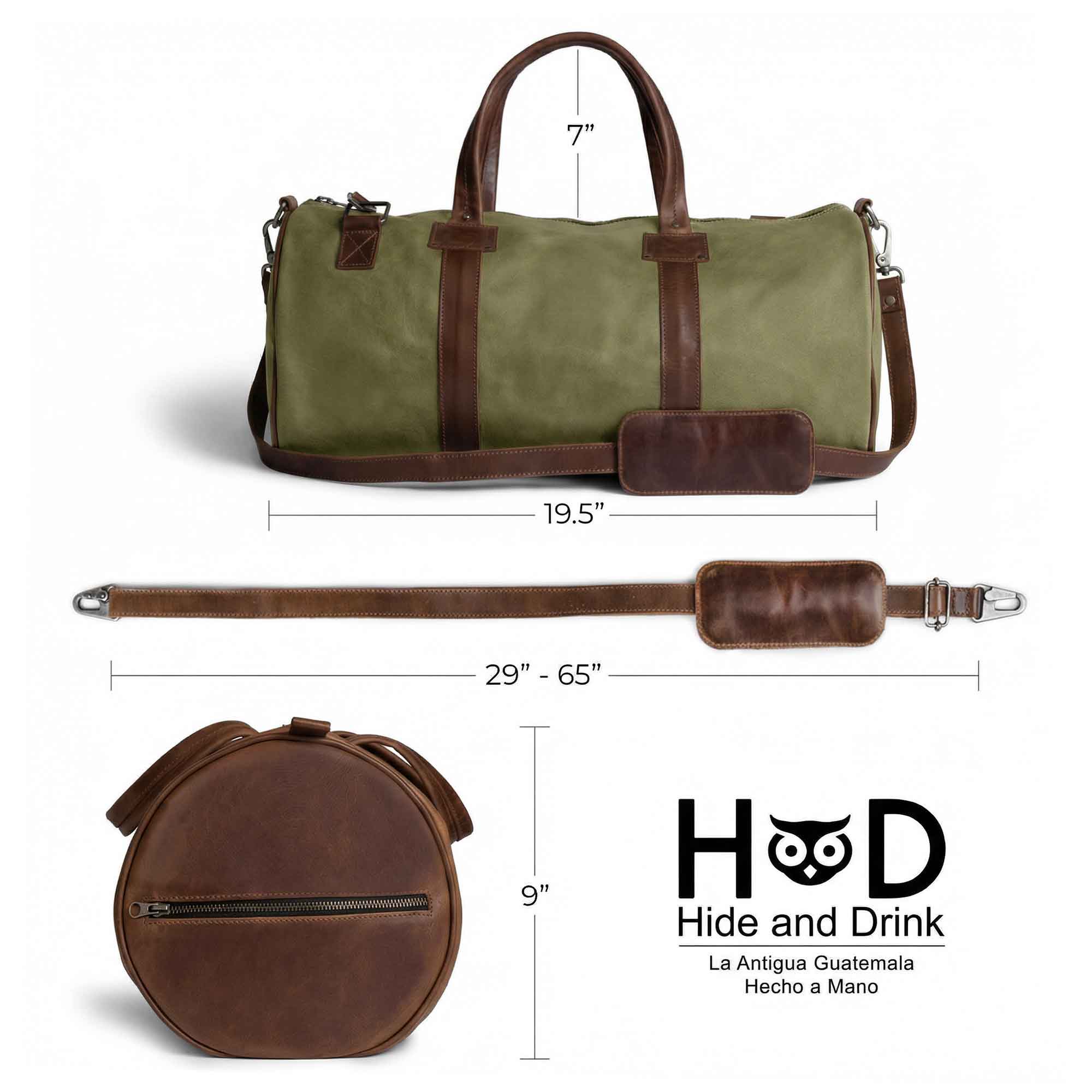 Classic Duffle Bag by Hide & Drink in green fabric, featuring a Full Grain Leather bottom, adjustable strap, and zipper closure. A perfect Messenger Bag for travel needs, this stylish crossbody bag is crafted by artisans in La Antigua Guatemala & Oaxaca Mexico.