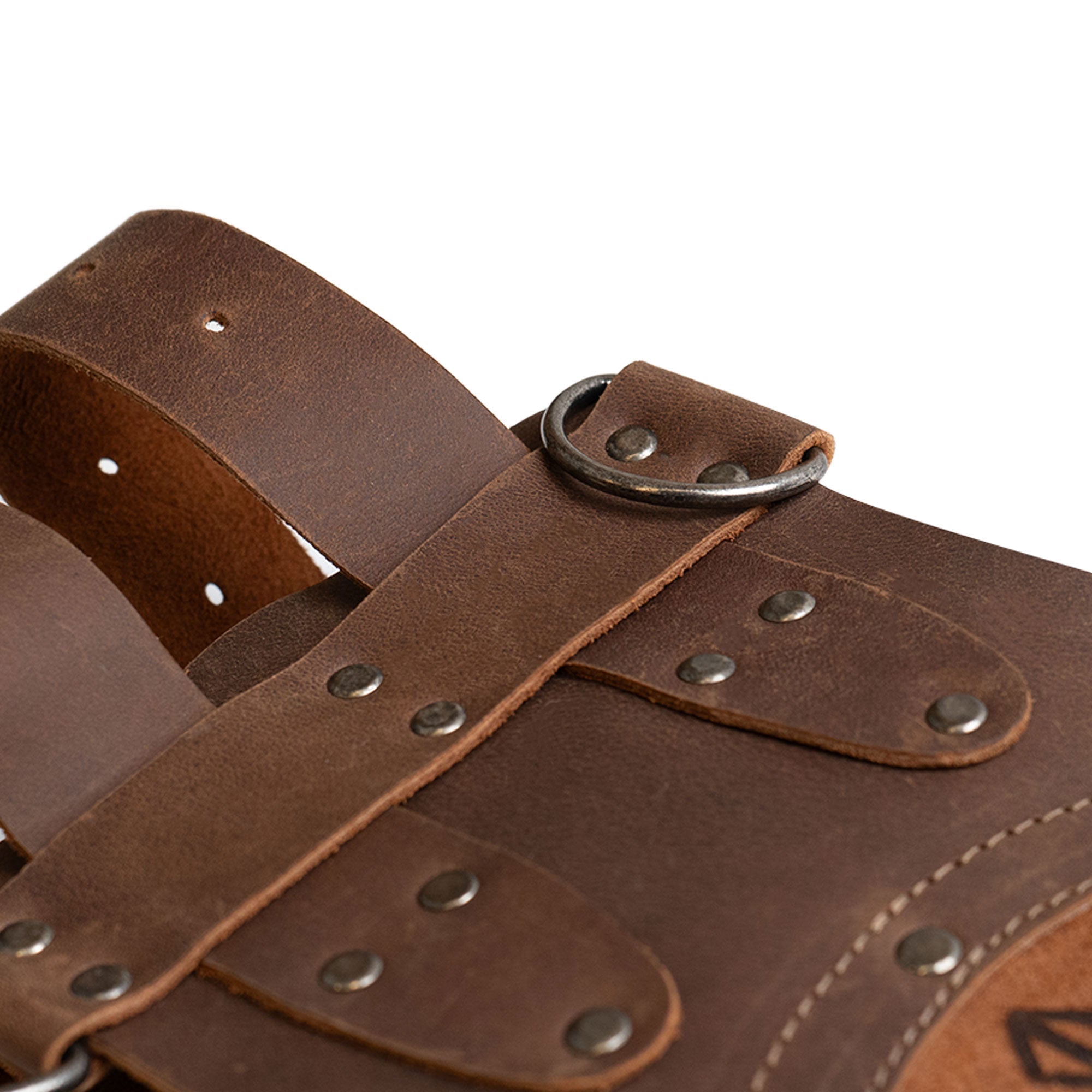 Detailed view of the Viking Belt by Hide & Play, emphasizing the adjustable straps and hand-sewn craftsmanship. This rustic accessory made from full grain leather is perfect for cosplay, costume parties, and LARPing, embodying small batch production from artisans in La Antigua Guatemala.
