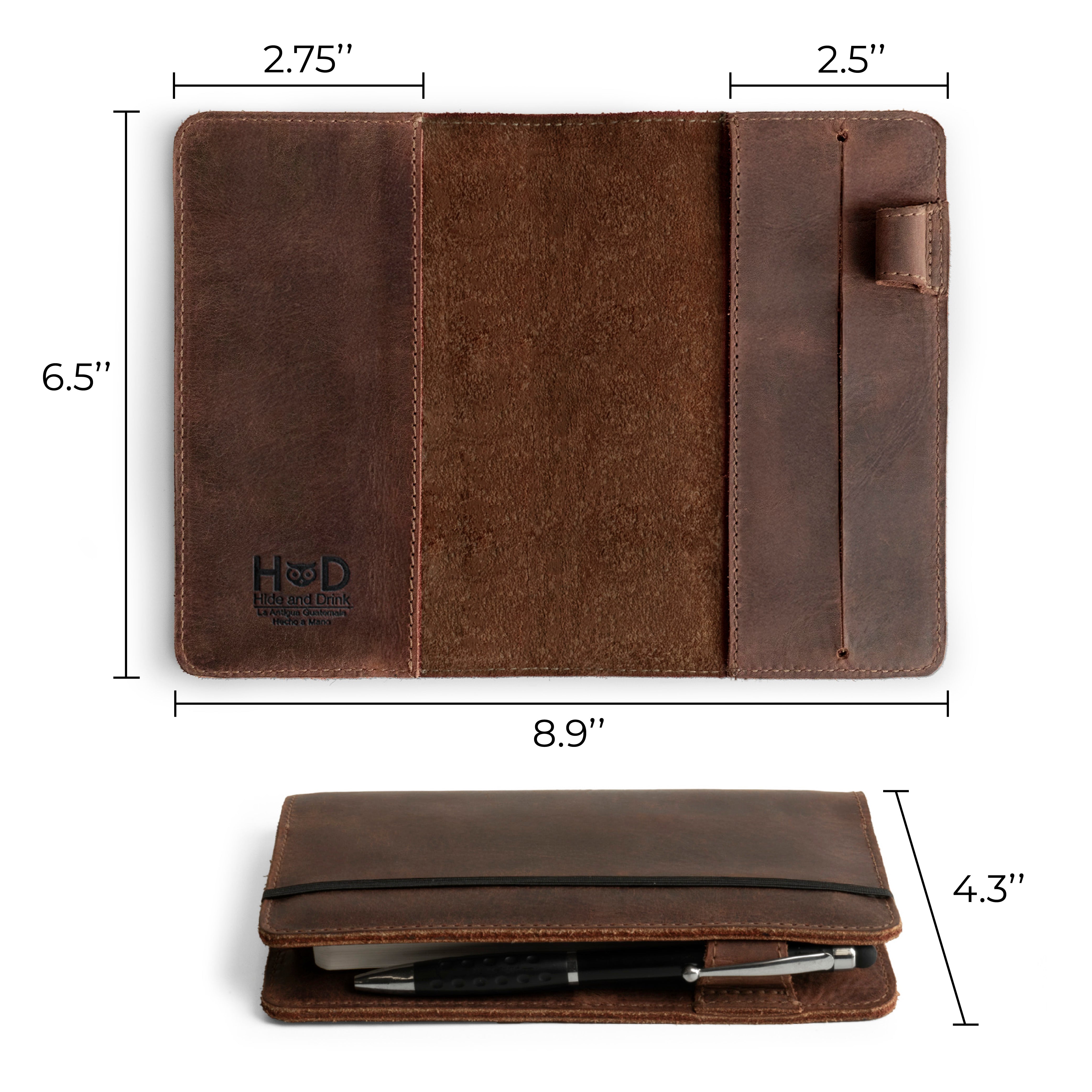 Dimensions and layout of Leuchtturm A6 Hardcover Case by Hide & Drink, showing the external and internal sections. This design acts as a Leather A6 Notebook Cover for Leuchtturm 3.6 x 5.9 in, making it a versatile refillable mini planner case and travel journal cover for men; compatible with Moleskine & Hobonichi as a travelers pocket portfolio binder.