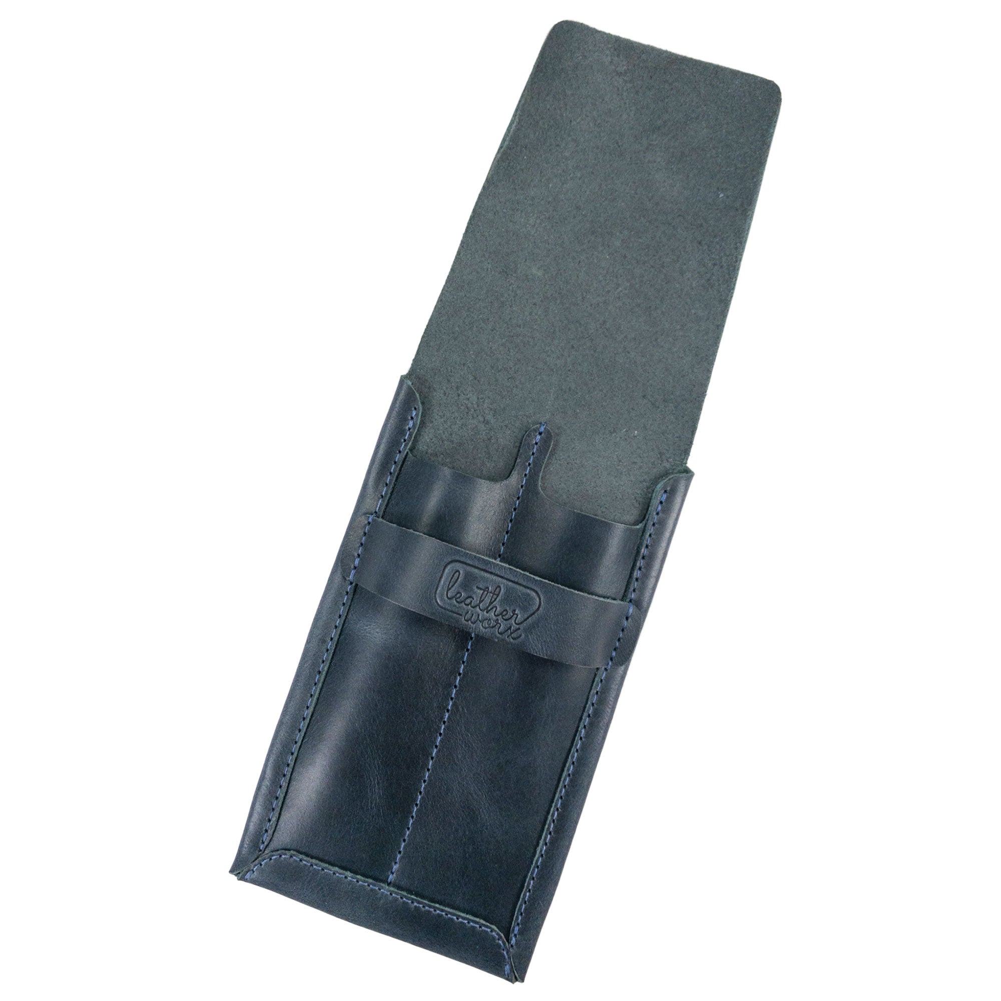 A top-down view of the Double Pen Case by Leather Worx highlights its luxurious Full Grain Leather and artisan craftsmanship. Handmade in La Antigua Guatemala & Oaxaca Mexico, this product exemplifies small batch production with its intricate hand cut and hand sewn features, and a fire branded logo.