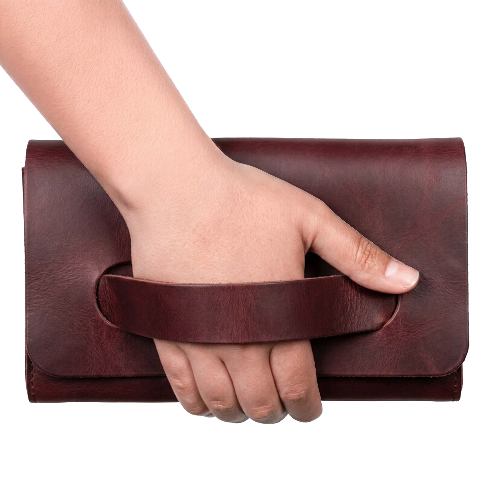 Rich maroon Clutch Bag With Handle from Hide & Drink, made from premium Full Grain Leather. This versatile Clutch Bag with Handle is perfect for women as a handbag or night bag, lovingly crafted by artisans from Guatemala and Mexico.