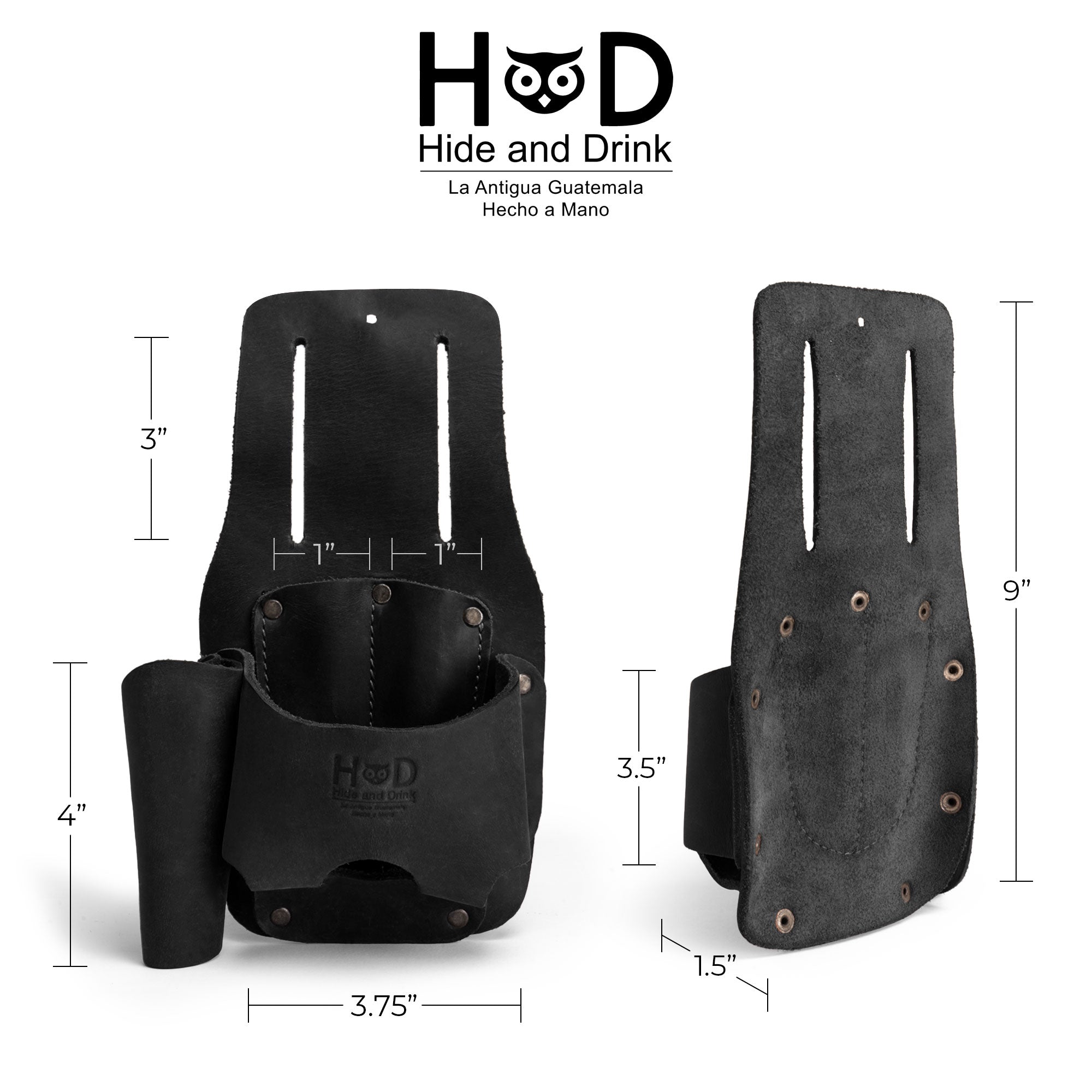 Hide & Drink Tape And Knife Holder specifications clearly outlined. This handy Tape & Knife Holder is designed for folks who require quick storage solutions. It’s made from high-quality full grain leather, ideal as a tool case or screwdriver holster, and highlighting artisan craftsmanship from La Antigua Guatemala.