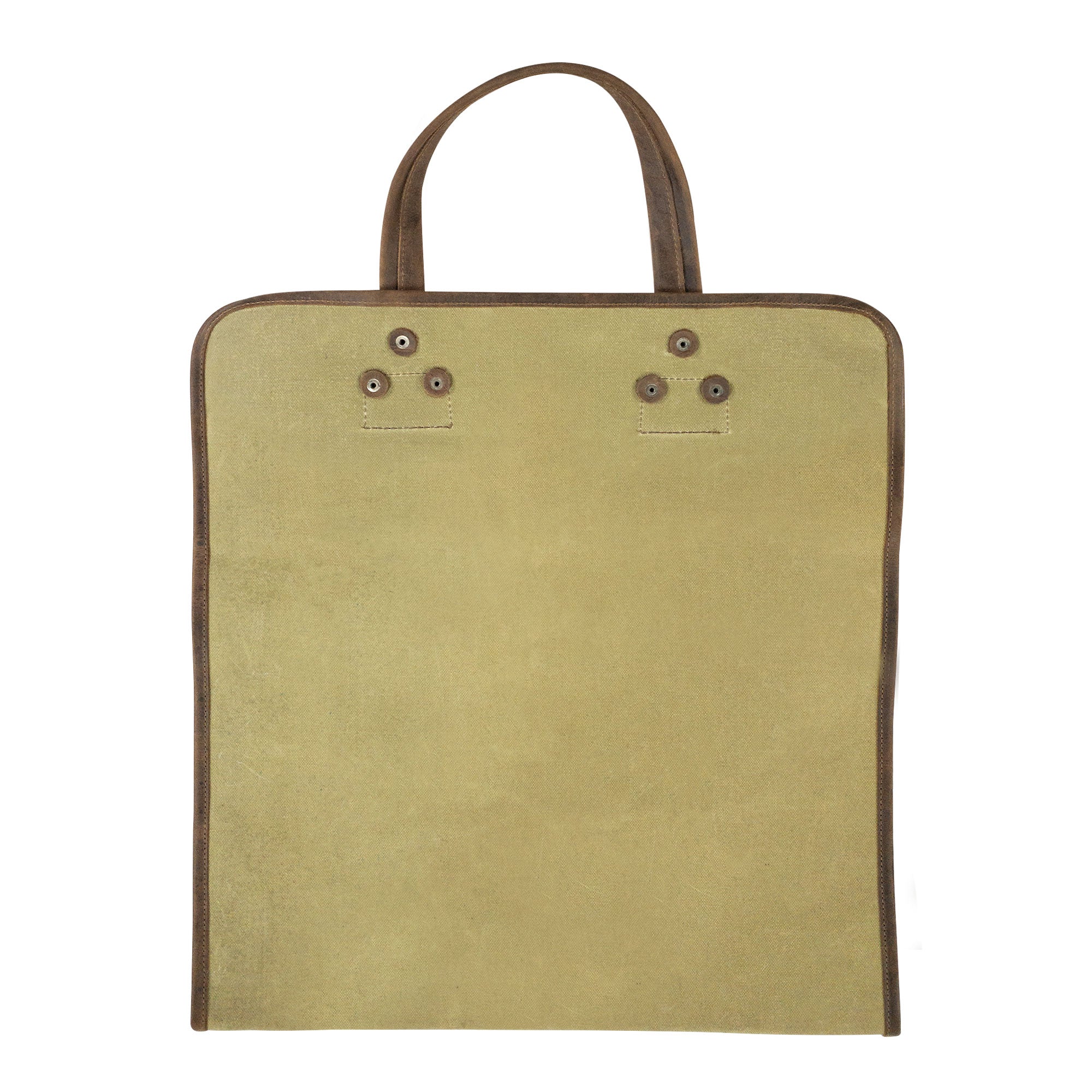 Hide & Drink Firewood Bag displayed from the front, showcasing its robust design and leather detailing, perfect for adding a rustic touch to any home. Firewood Bag With Leather Liner, Full Grain Leather, StockyardX, Small Batch Production, Hand Cut, Hand Sewn, Fire Branded, Artisan, Handmade in La Antigua Guatemala & Oaxaca Mexico.