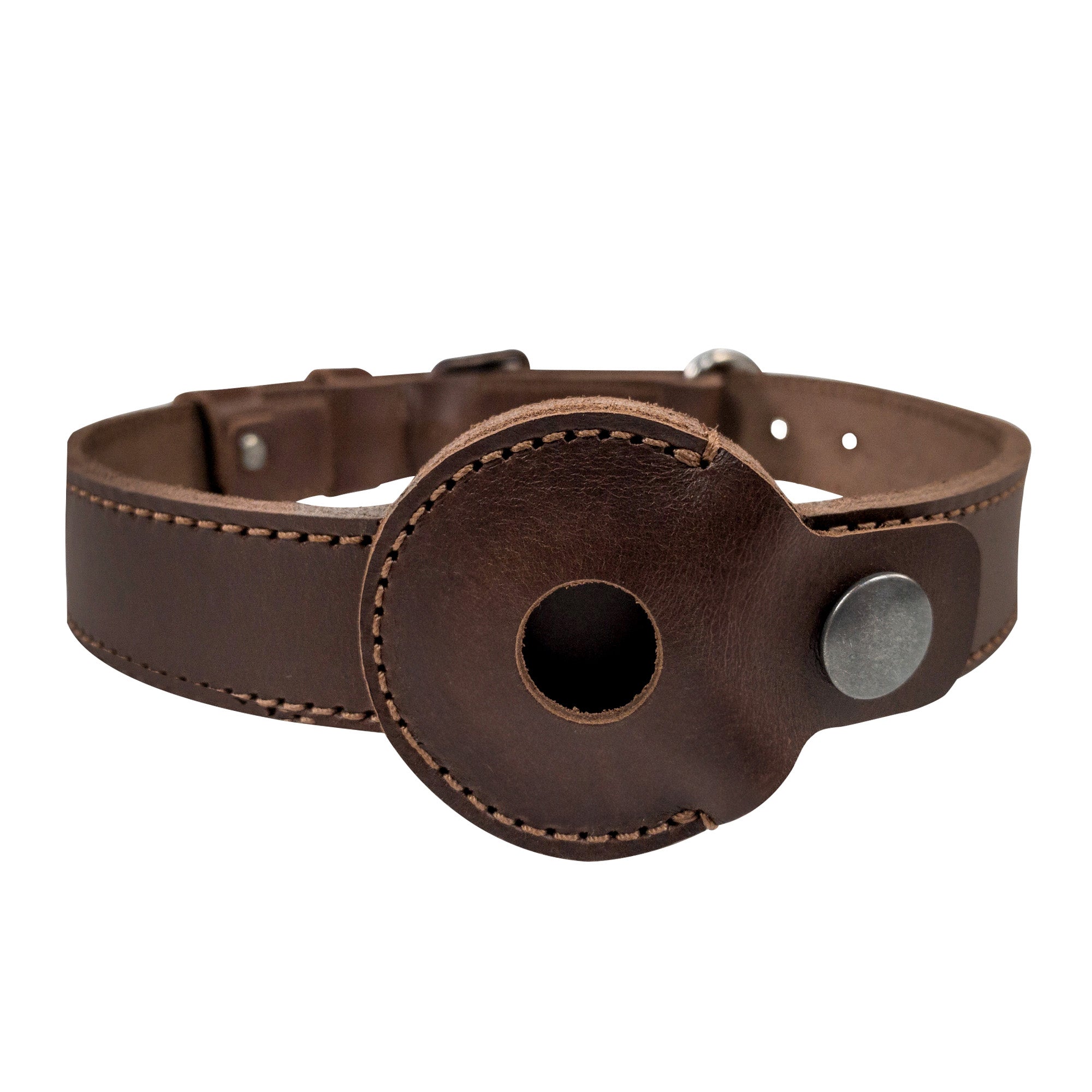Back view of Taco Dog's Dog Collar with Compartment for AirTag, featuring a sturdy design and GPS holder. This Full Grain Leather collar is expertly handcrafted in La Antigua Guatemala & Oaxaca Mexico, emphasizing small batch production.