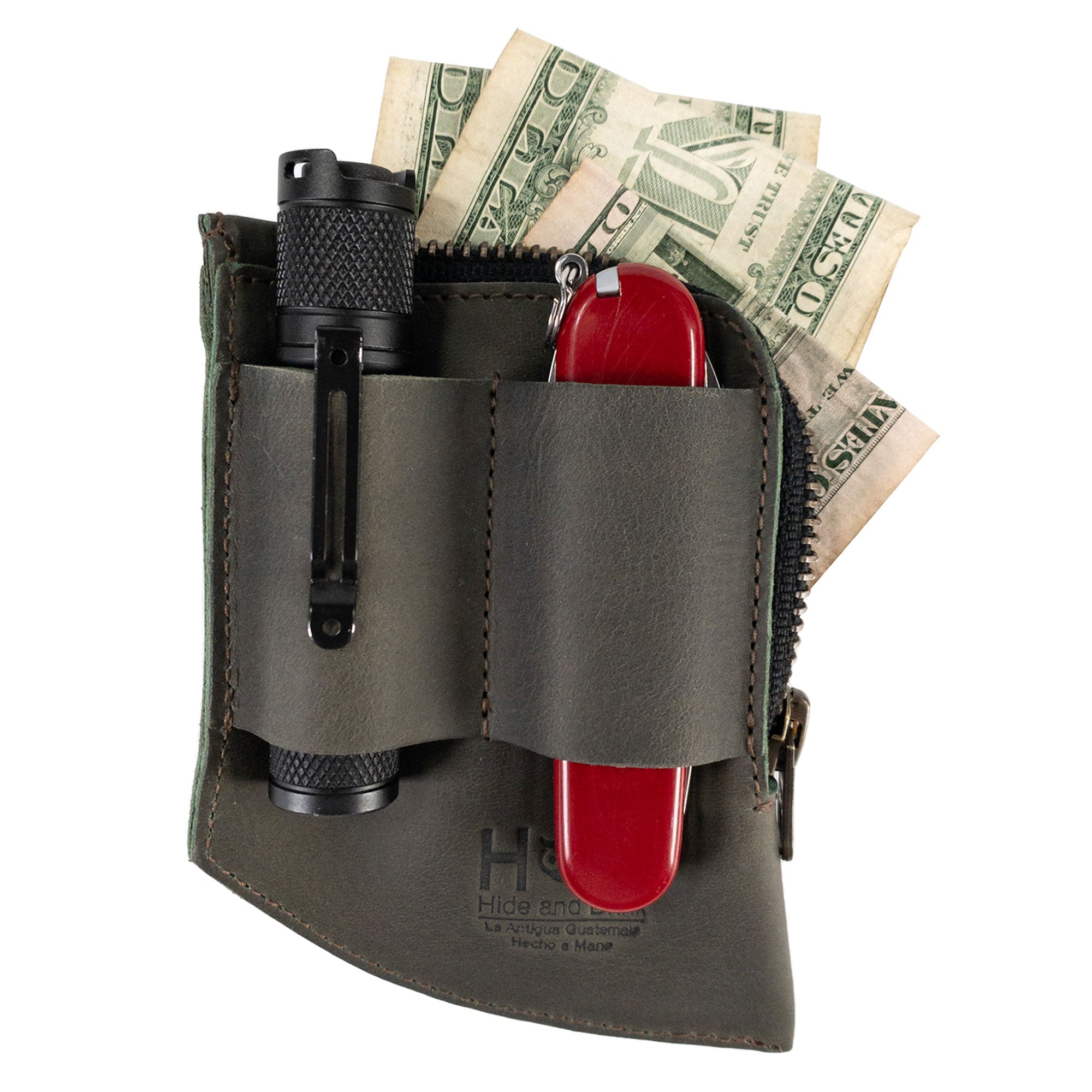 Hide & Drink EDC Pocket Wallet in sleek black leather, showcasing its adaptability as a money clip and a card holder for everyday use.